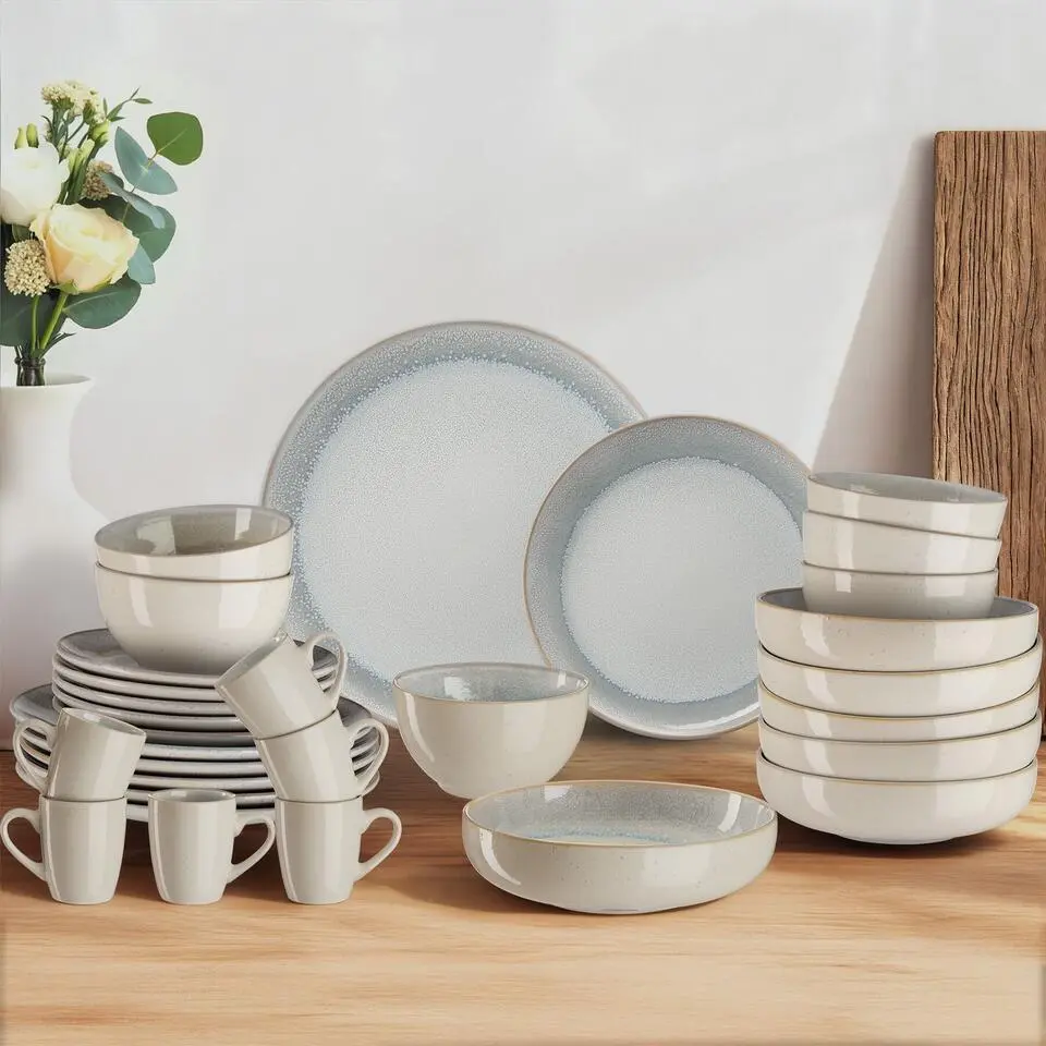 tectake Serviesset Mare van aardewerk, voor 6 personen, Zandkleur