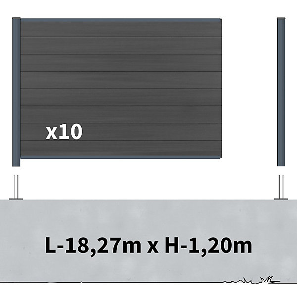 Kit Clôture Composite sur Muret CRUZ Ardoise 18x1,2m - Bois composite &Aluminium - Poteaux sur Platines Gris - Brise vue