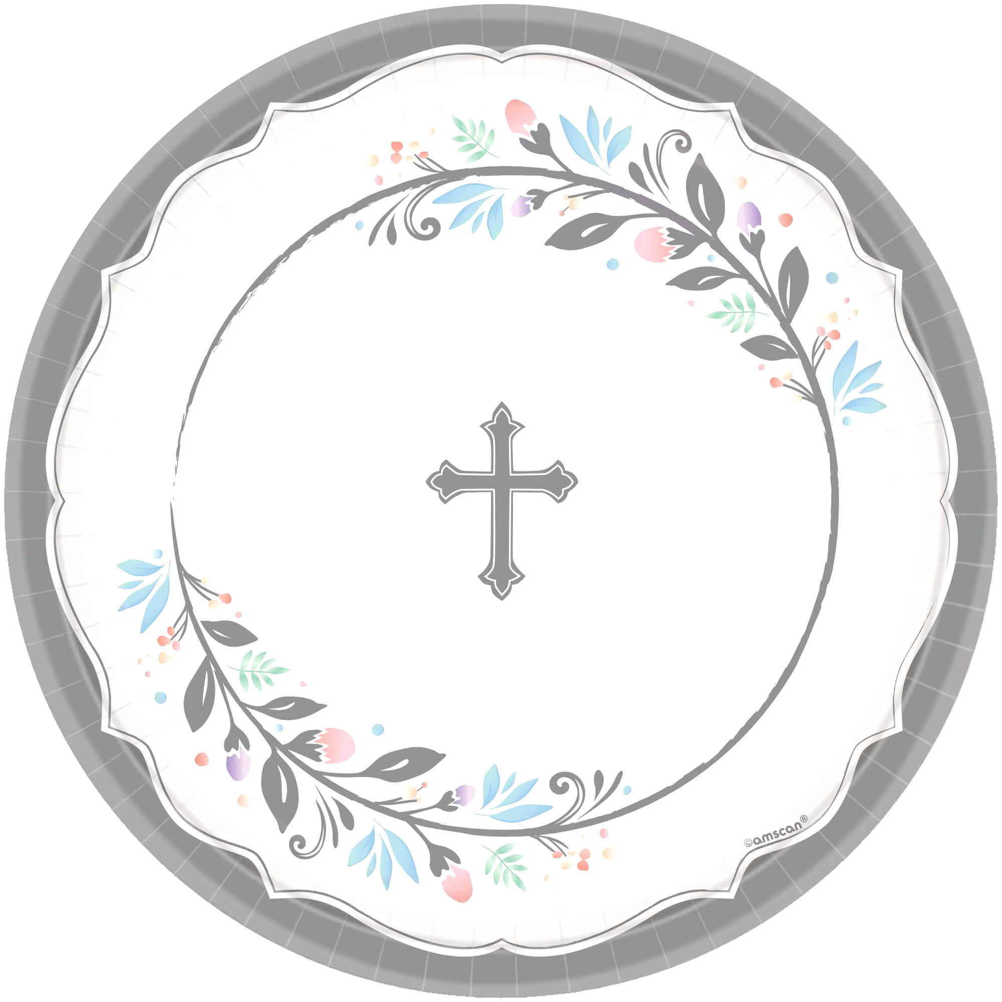 Holy Day Round Paper Disposable Dinner Plates, Silver/White, Cross, 10.5-in, 18-pk, for First Communion/Religious Party