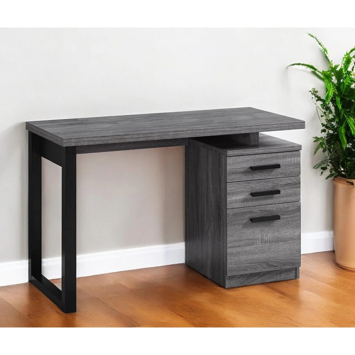 Grey Manufactured Wood Computer Desk with Black Metal Pedestal Base and 3 Drawers