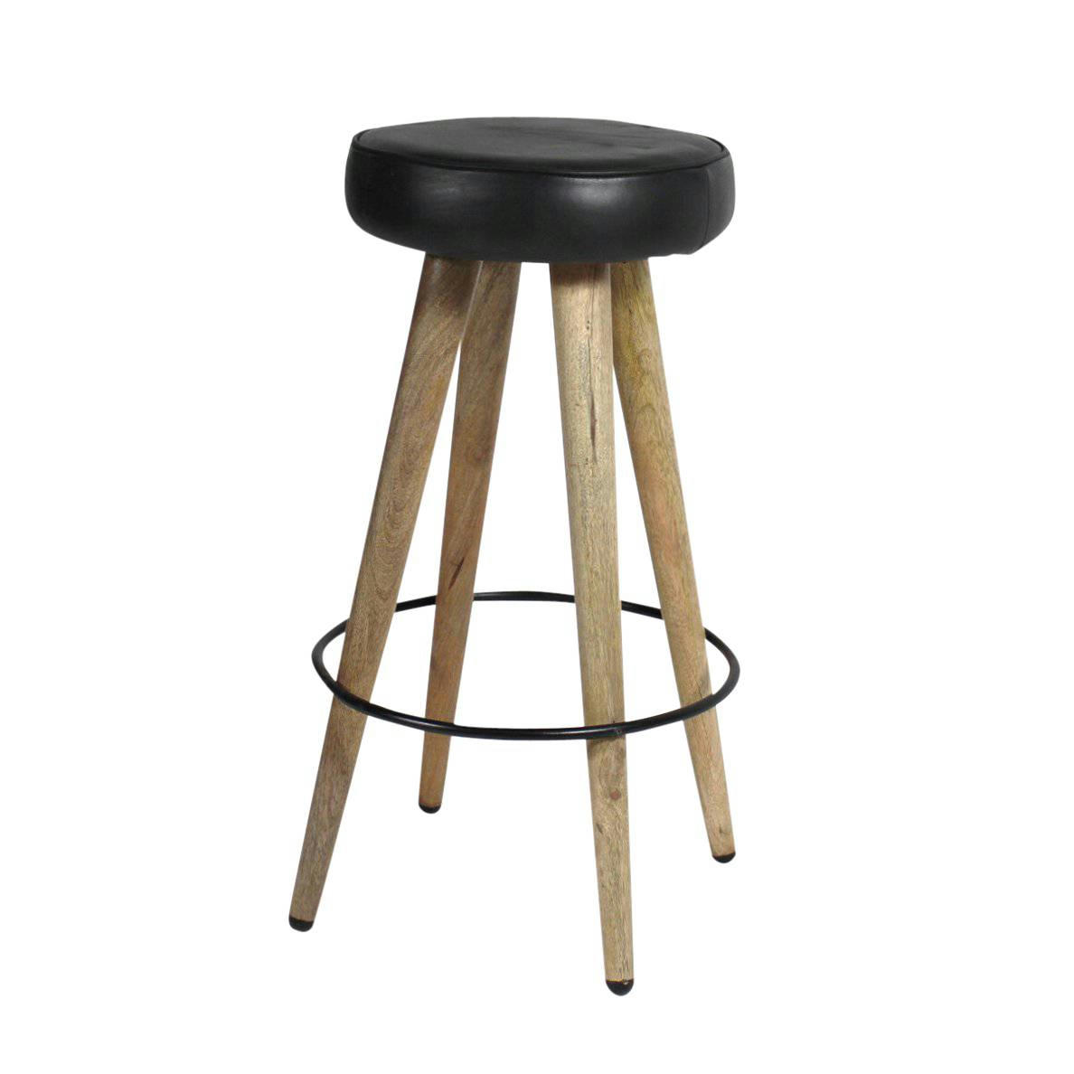MIM - Tabouret de bar en cuir et croûte de cuir noir 30 cm