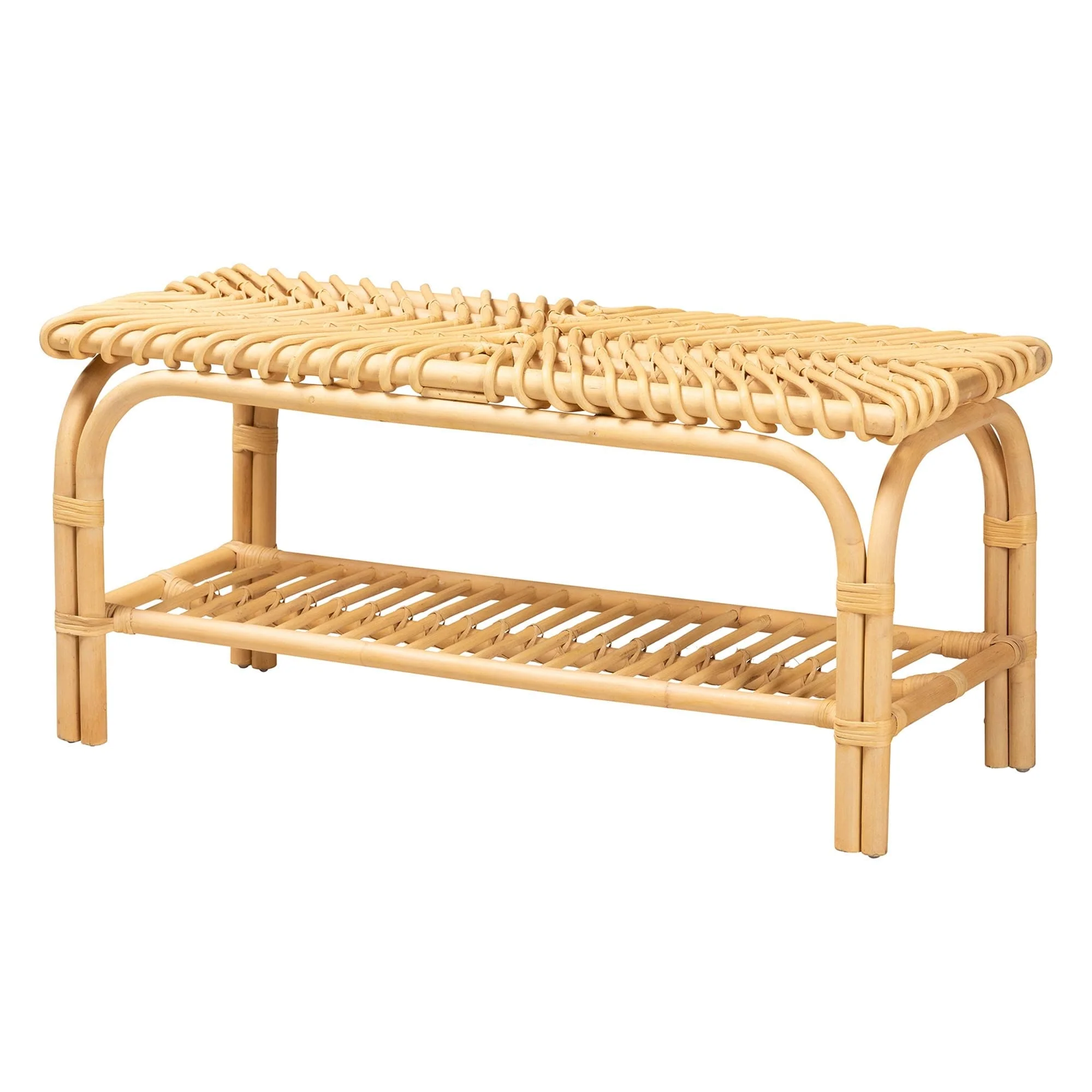 Himari Modern Bohemian Natural Brown Rattan Accent Bench