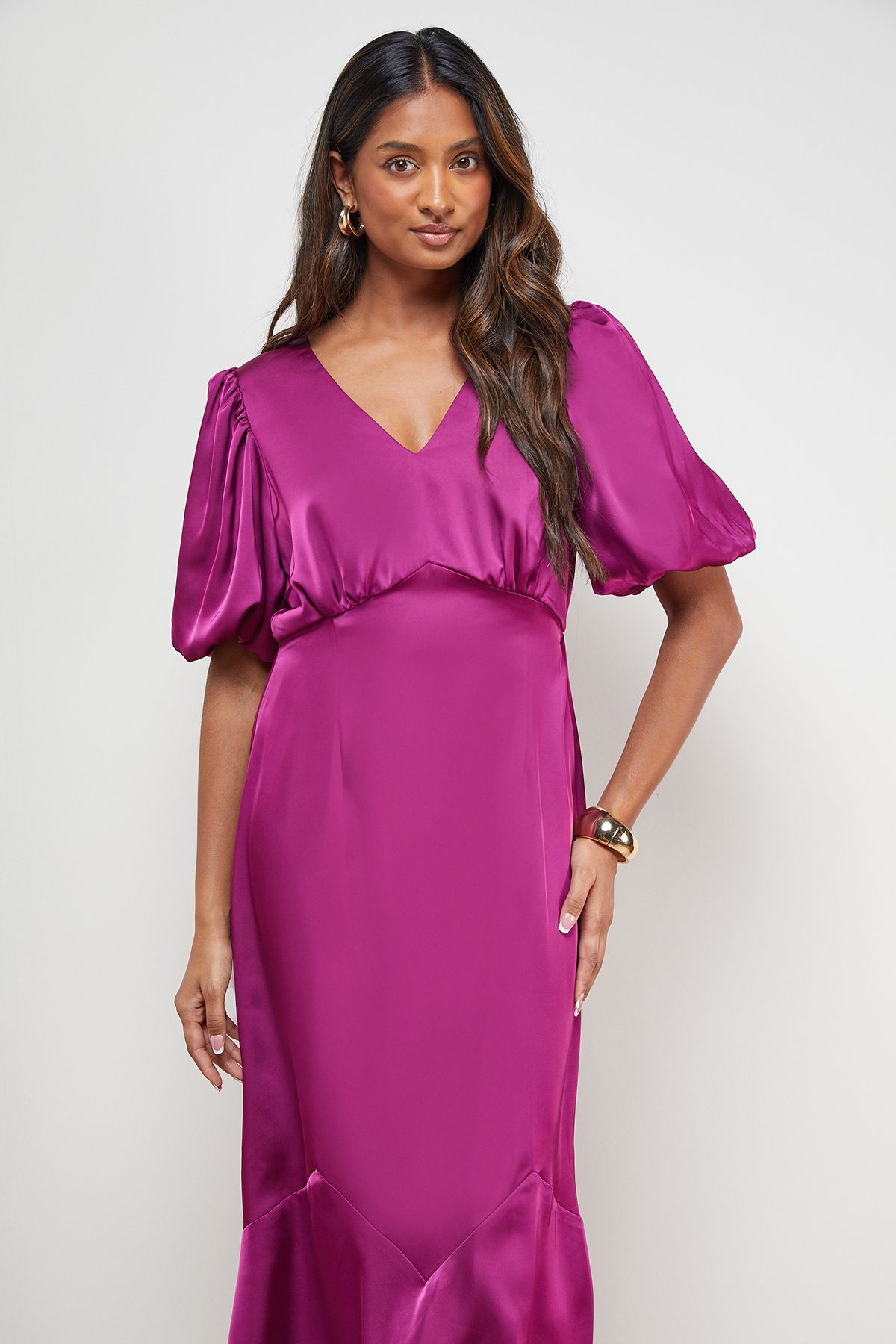 Oasis Satin Puff Sleeve V Neck Fishtail Maxi Dress