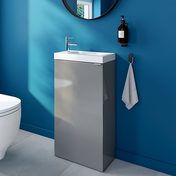 Meuble lave-mains à poser gris brillant l.44 cm Imandra   plan vasque blanc céramique Nira, GoodHome