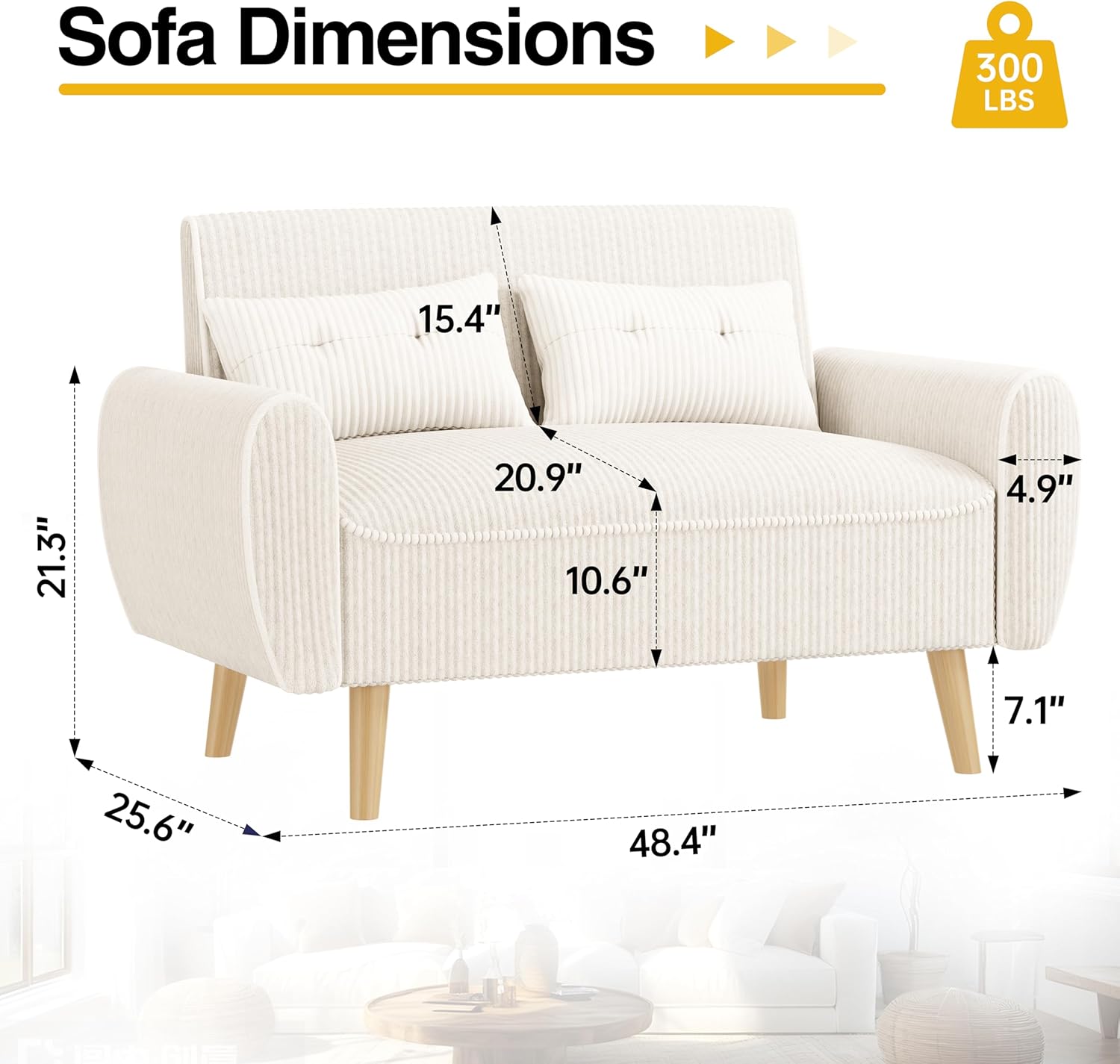 JAMFLY 47'' Small Loveseat Sofa, 2 Seat Compact Couch with Tapered Legs, White Upholstered Furniture, Solid Wood Frame, Comfy Foam Cushion, Easy Assembly for Small Spaces