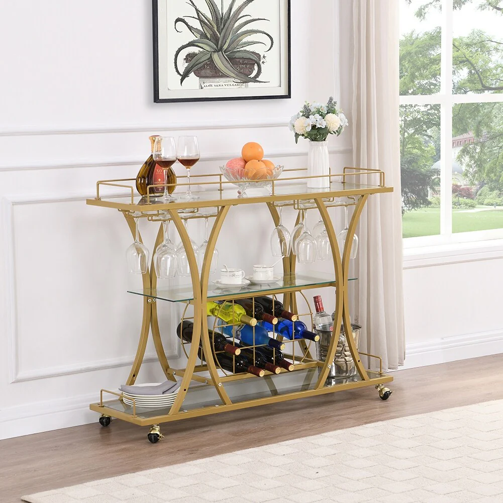 Modern Glass Metal Frame Bar Cart with Wine Rack