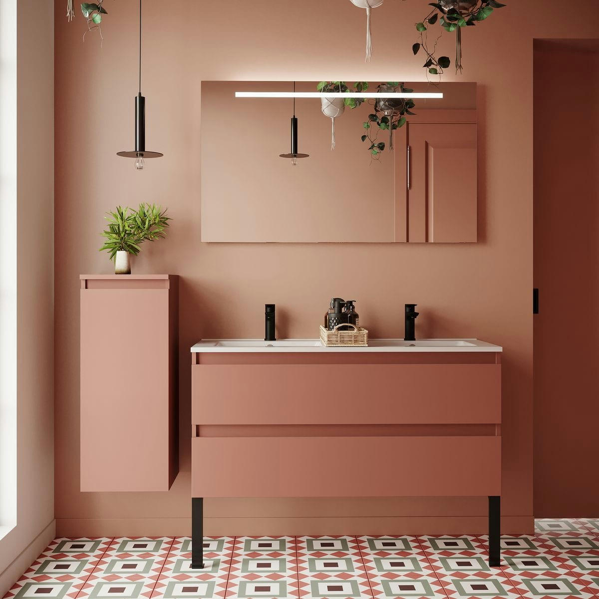 HUDSON - Meuble salle de bain double vasque 120cm 2 tiroirs Abricot