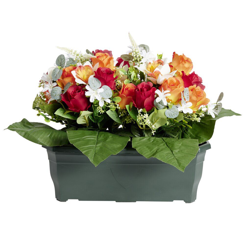 Composition florale artificielle rose orchidée bruyère orange jardinière H42cm