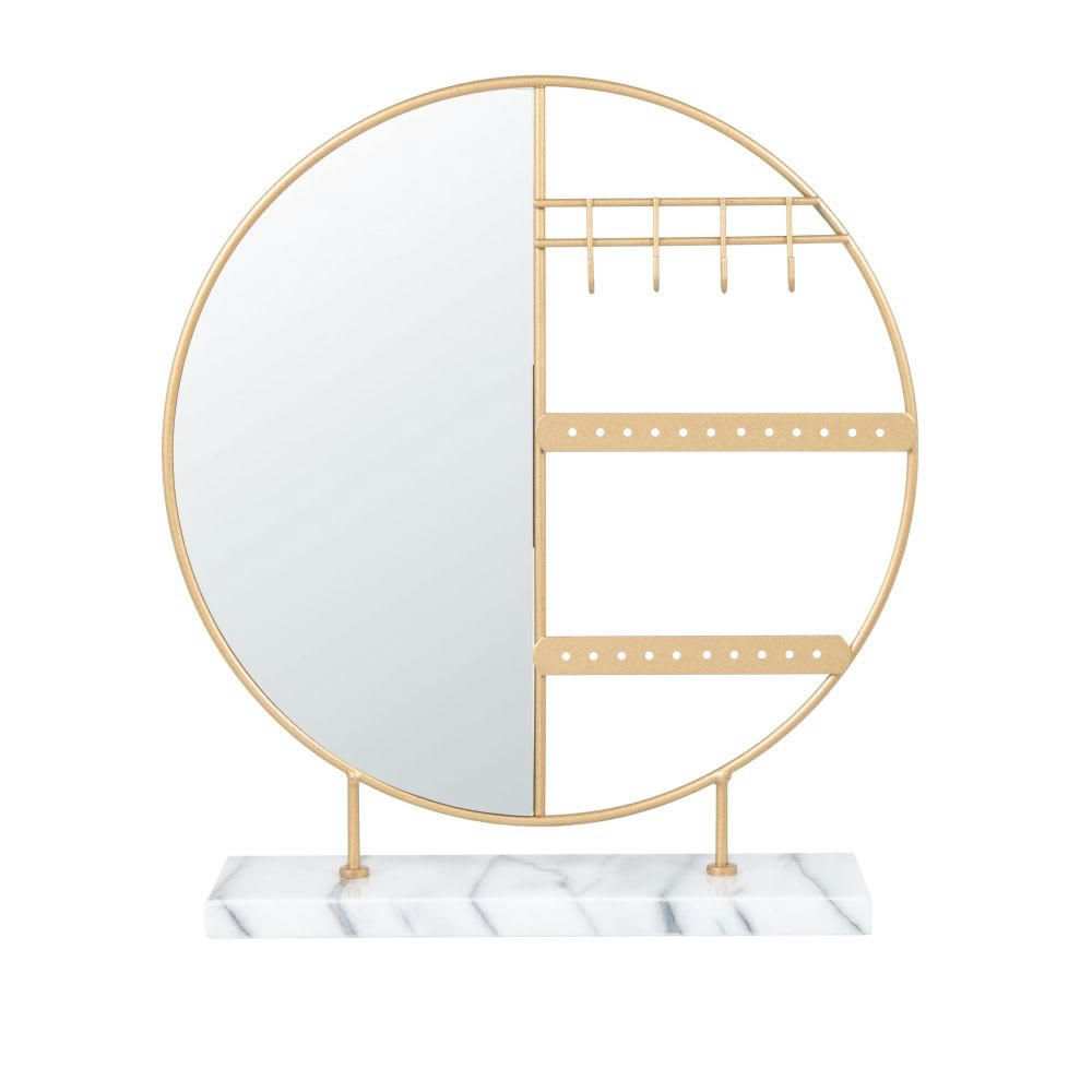 - Portebijoux rond en marbre blanc et métal doré avec miroir