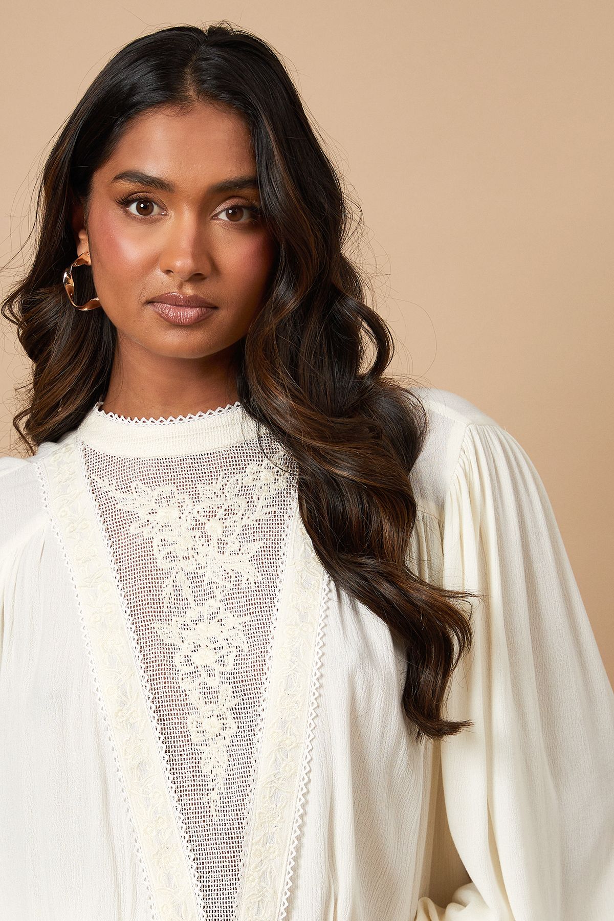 Oasis High Neck Lace Embroidered Long Sleeve Blouse