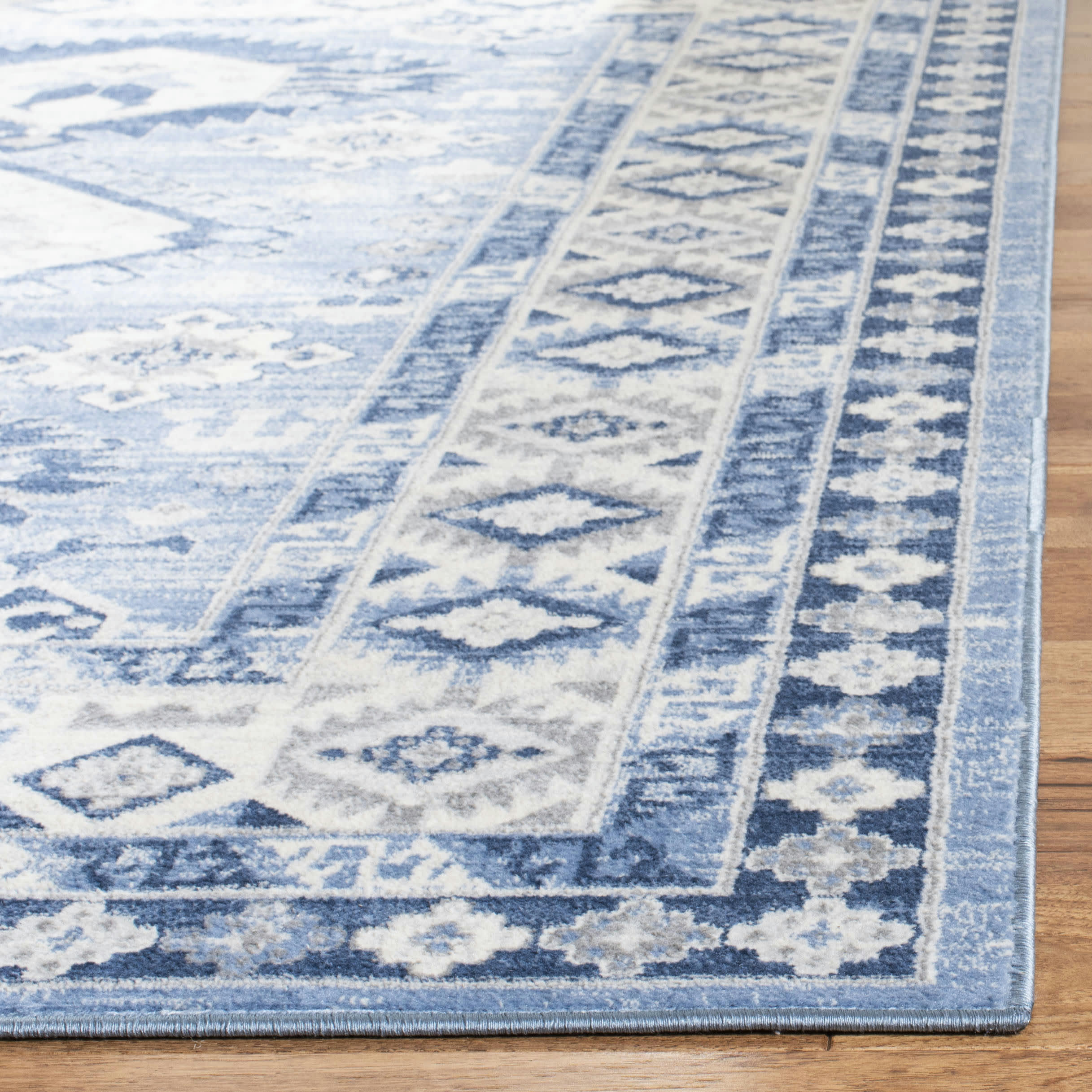 KAZAK - Tapis de salon interieur en bleu & crème, 61 x 244 cm