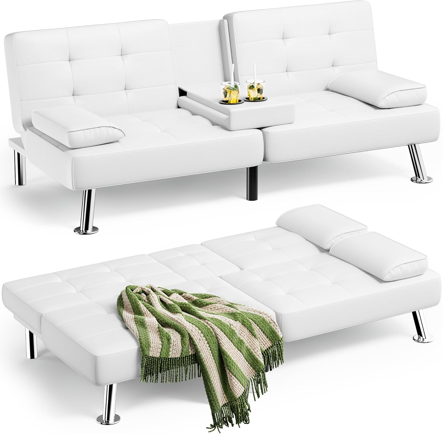 Homall Futon Sofa Bed, Leather Futon Couch with Removable Armrests, Adjustable Recliner Sleeper Sofa Bed with Dual Cup Holders for Living Room, Apartment, Office (White)