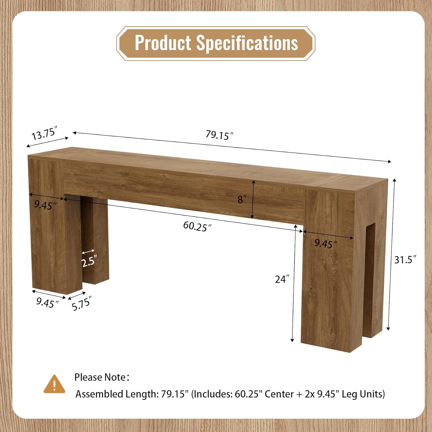 Extra Long Sofa Console Table for Entryway Living Room, 79-Inch Farmhouse Wood Behind Couch Table, Rectangular Accent Console with Wooden Double Base for Hallway Foyer Entrance, Natural Oak