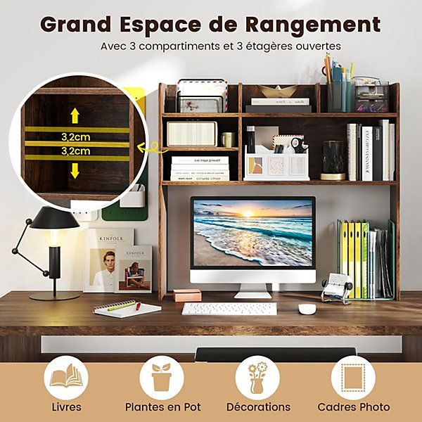 Etagere Bureau a Poser sur Meuble,94 x 24 x 85CM,avec 6 Compartiments Ajustable,Kit Anti-Basculement,Pieds Antidérapants (Brun)