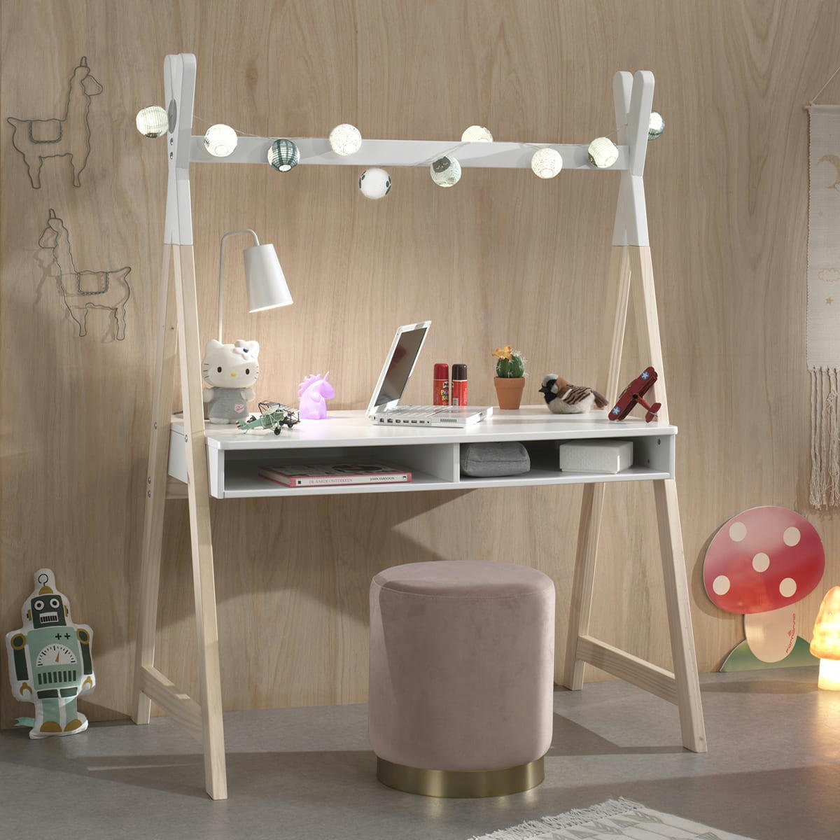 KIDDY - Bureau tipi 2 niches blanc naturel