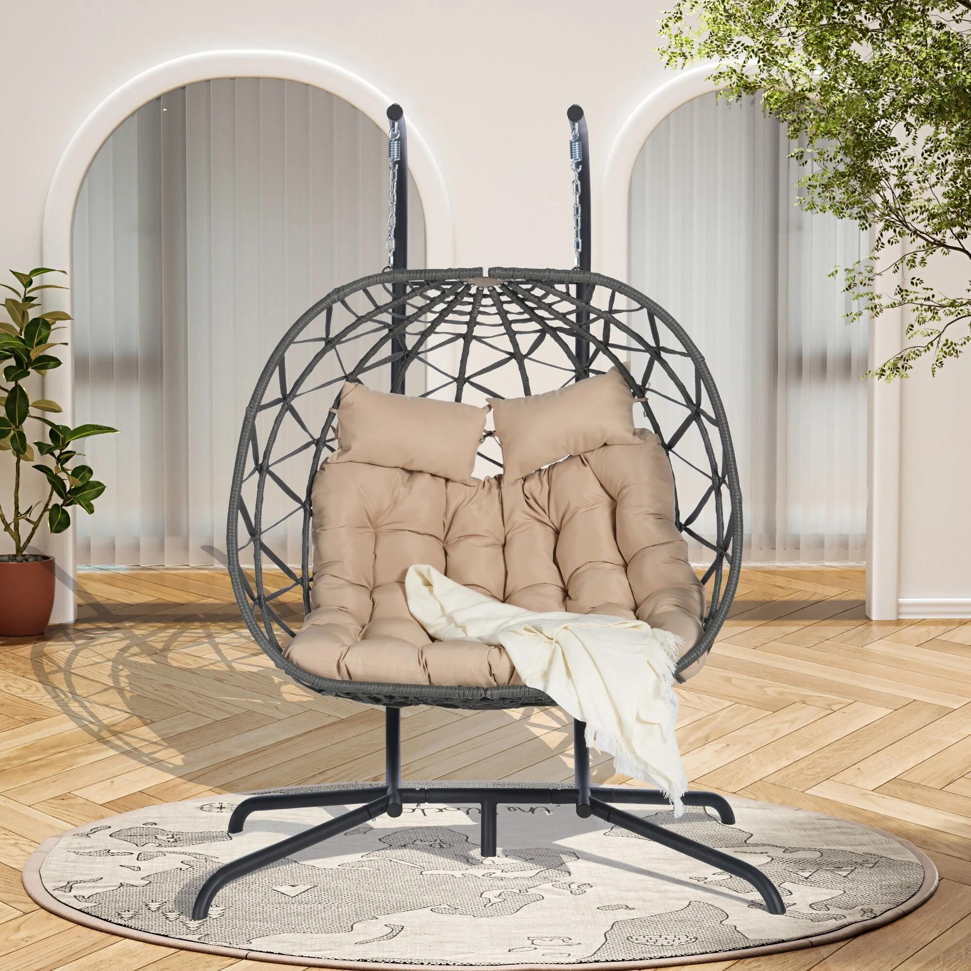 Double Egg Chair With Stand Hanging Indoor Outdoor Wicker Rattan Patio Basket Egg Swing Chair(Excluding the table)