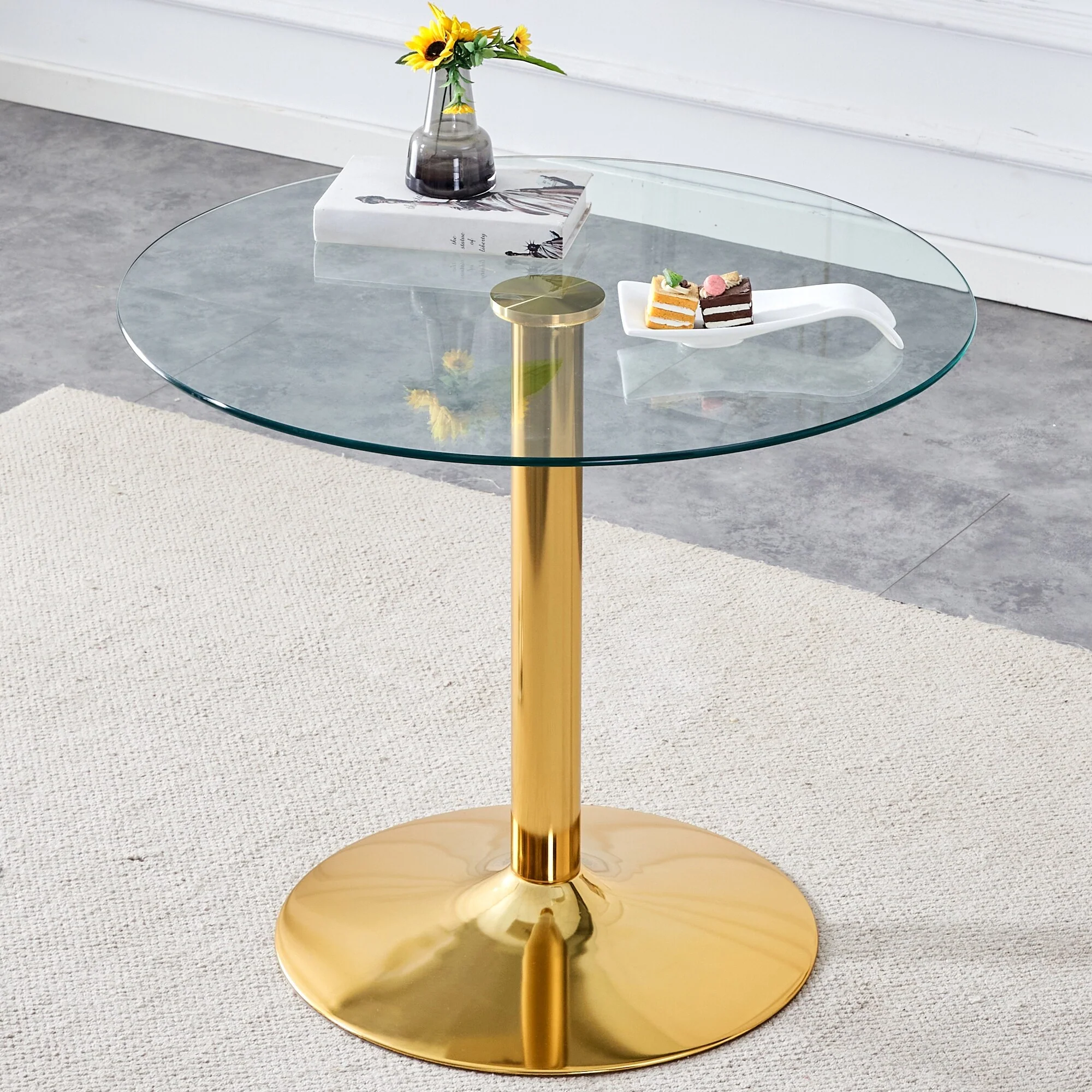 Dining Room Round Dining Table with Gold Metal Legs Coffee Table End Table Accent Table Entryway Table