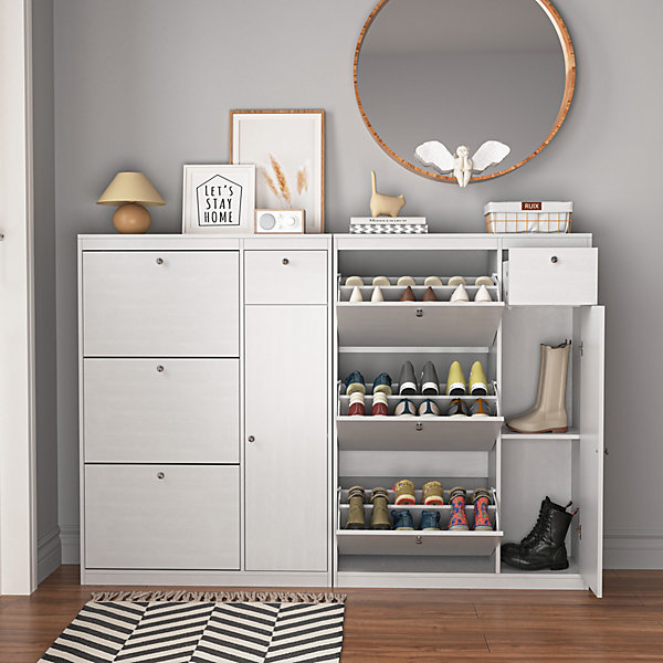 Meuble à Chaussures étroit - Meuble d'entrée avec 3 Tiroirs Basculants et étagères Réglables, Spanplatte, 90 x 27 x 125 cm, Blanc