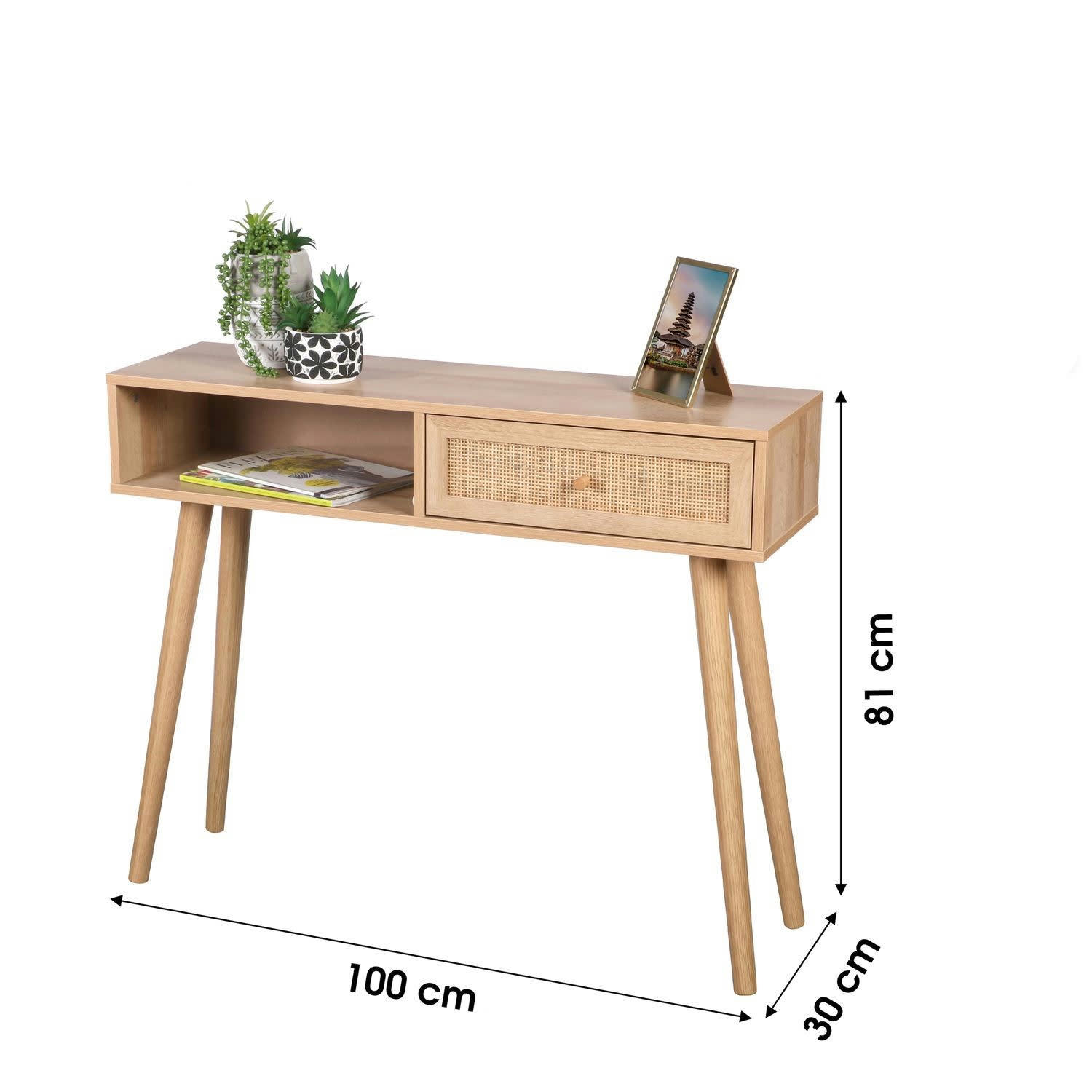 BALI - Console en panneaux de particules et rotin 1 tiroir beige