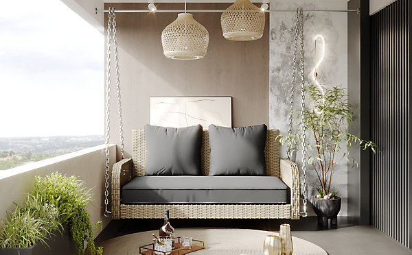 Balancelle de jardin 2 places en rotin avec coussins gris, salon d'extérieur avec coussins de siège et dossier amovibles, beige