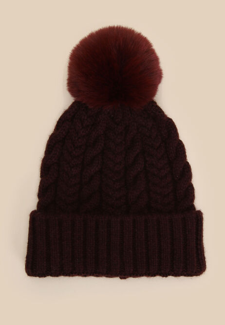 Womens Burgundy Cable Knit Bobble Hat