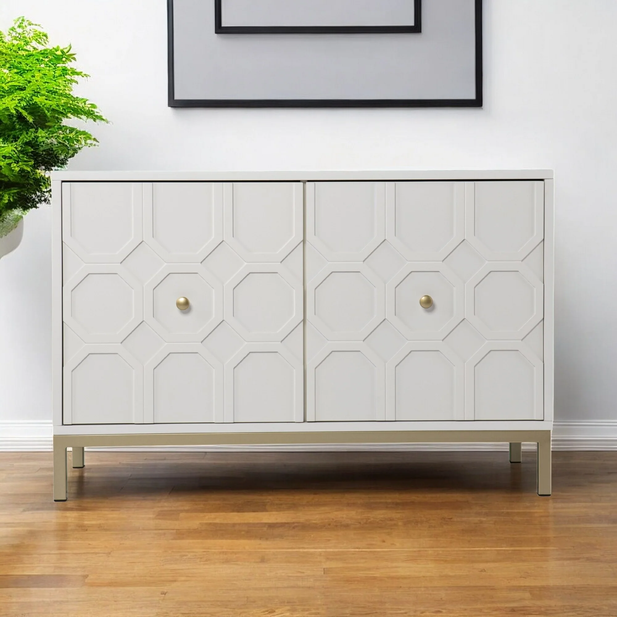 HomeRoots 40 White Carved Geometric Sideboard with Two Doors