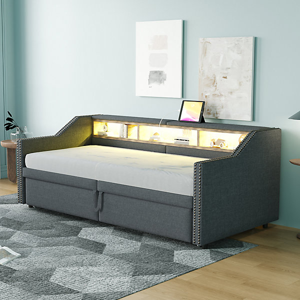 Canapé-lit 140x190 cm convertible 3 places en tissu gris, coffre de rangement et dossier réglable