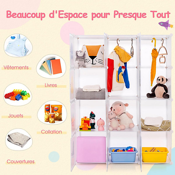 Meuble de Rangement Enfants 12 Cubes,35x35cm avec Barre de Suspension,pour Vêtements,Chaussures,Jouets (Astronaute-Blanc)