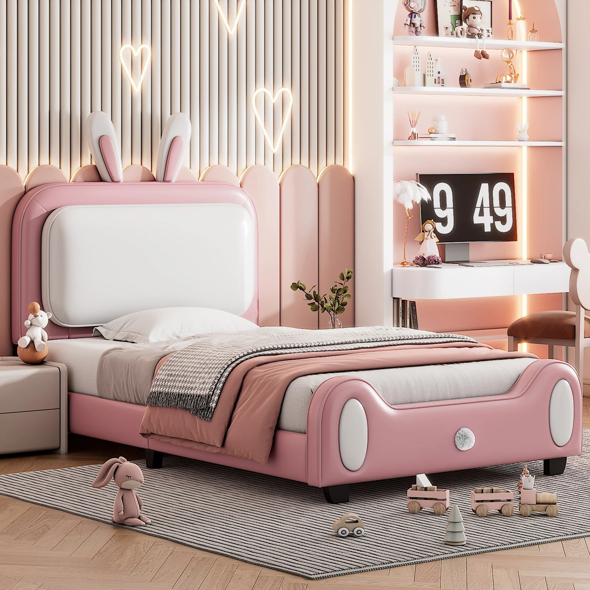 Upholstered Rabbit-Shape Twin Bed for Girls, Platform Design with Slats, Easy Assembly