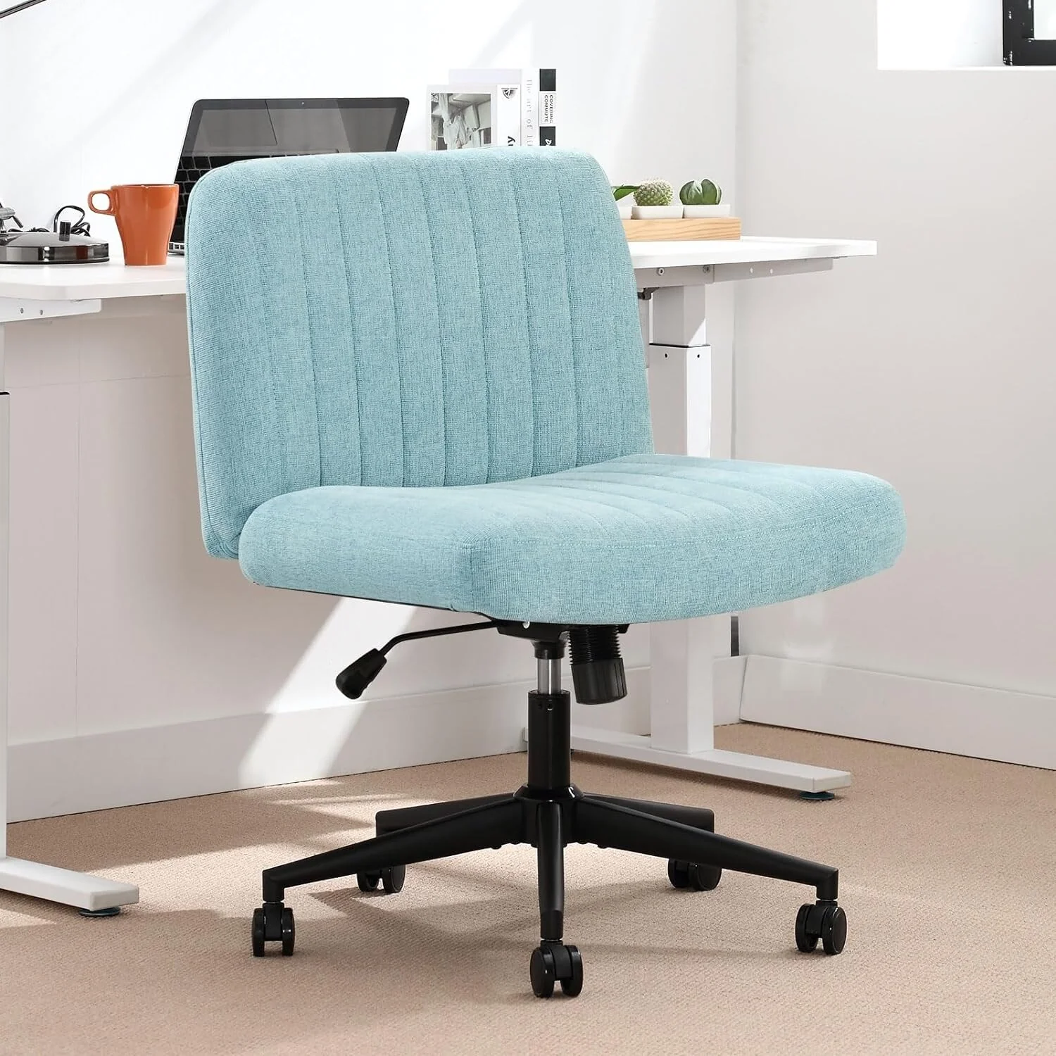 Office Chair with Wheels, Armless Office Chair, Linen Wide Seat Home Office Chair, Cute Computer Chair with 15 ° Swing Backrest