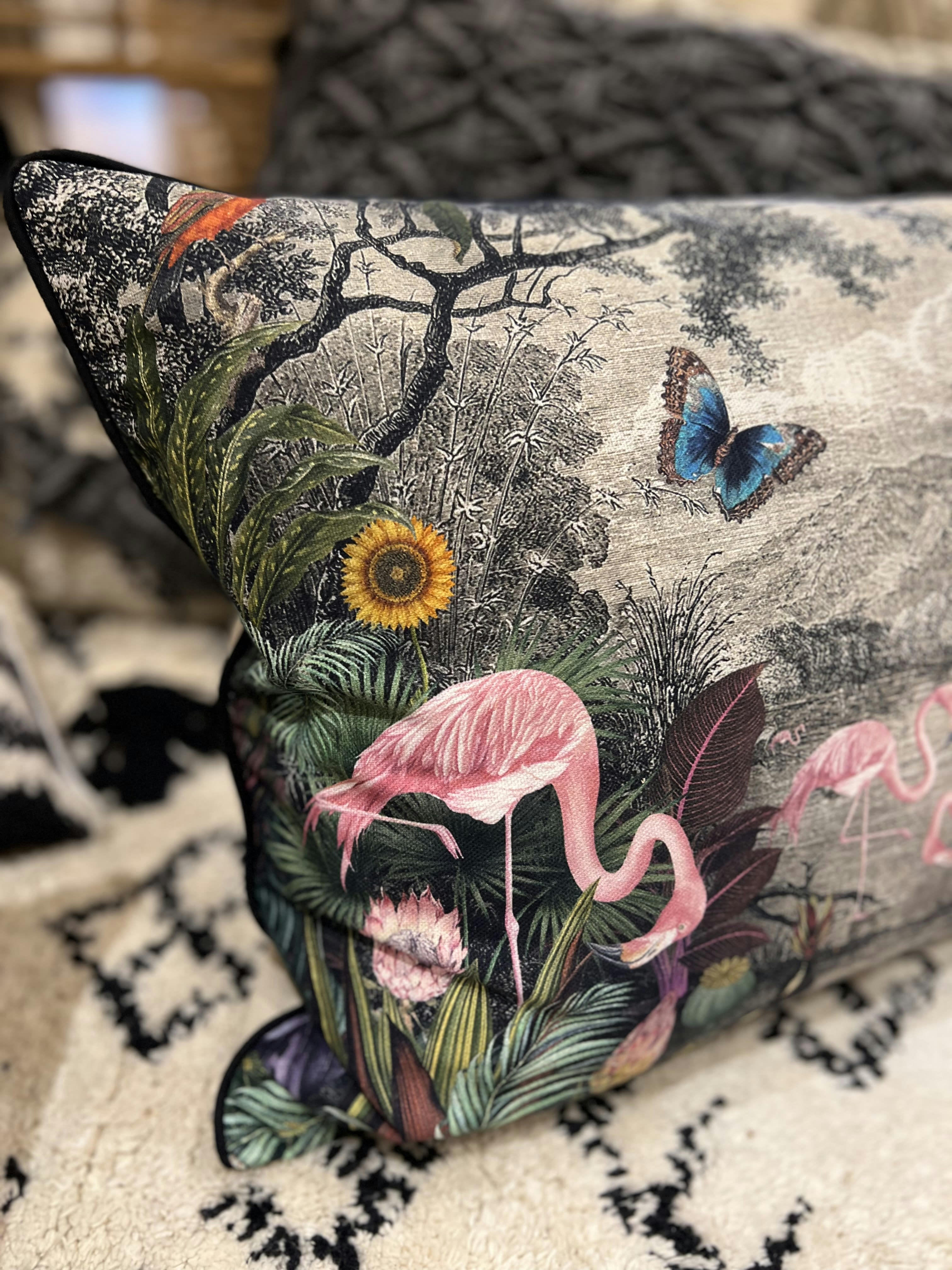 VINTAGE BIRDS - Housse de coussin imprimée paon avec flamands roses- 40x60