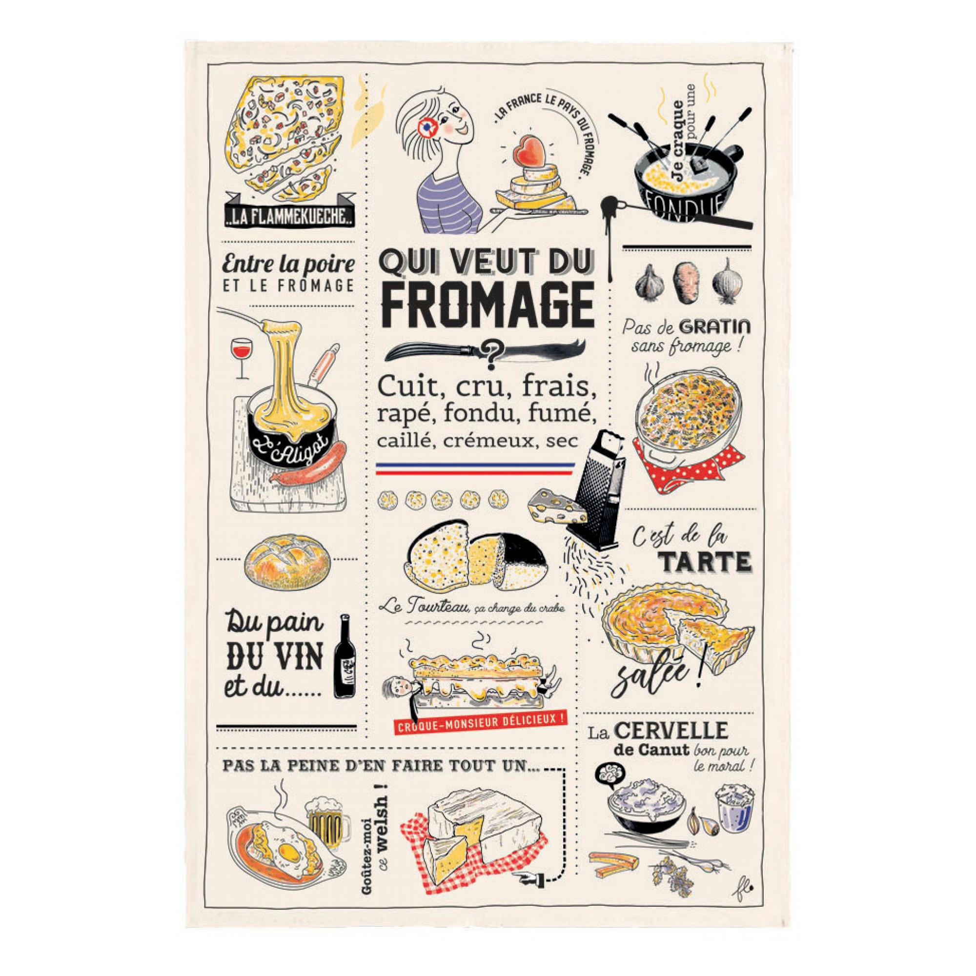 GASTRONOMIE ET VIN - Torchon qui veut du fromage en coton ecru 48 x 72