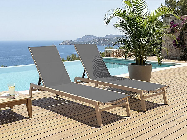 Lot de 2 bains de soleil en aluminium imitation bois 