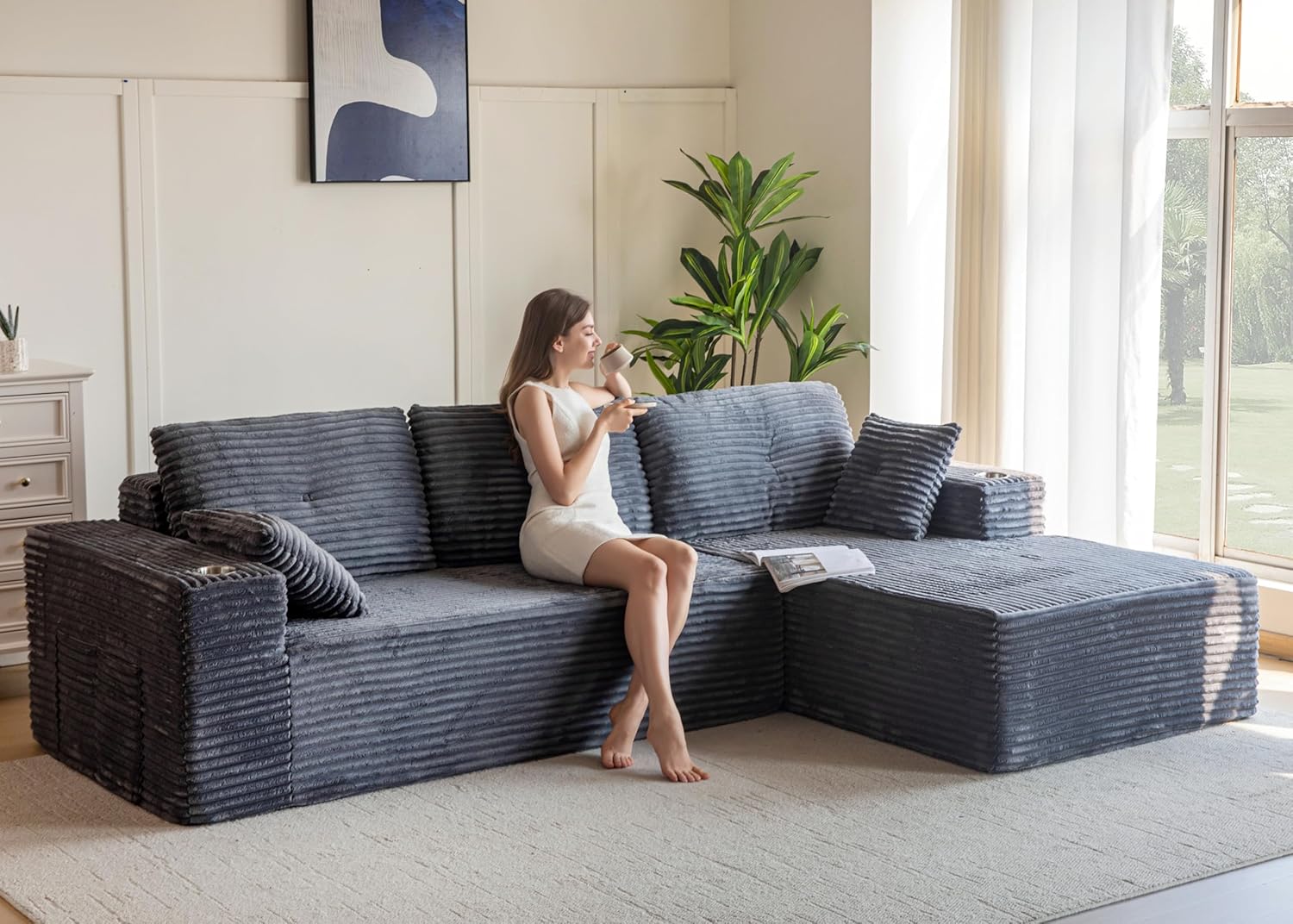 MAXYOYO 104 Modular Sectional Couch with L-Shape Chaise, Modern Boneless Couch for Living Room, Sofa in A Box, Oversized Sofa Sleeper with Deep Seat, No Assembly Required, Dark Grey