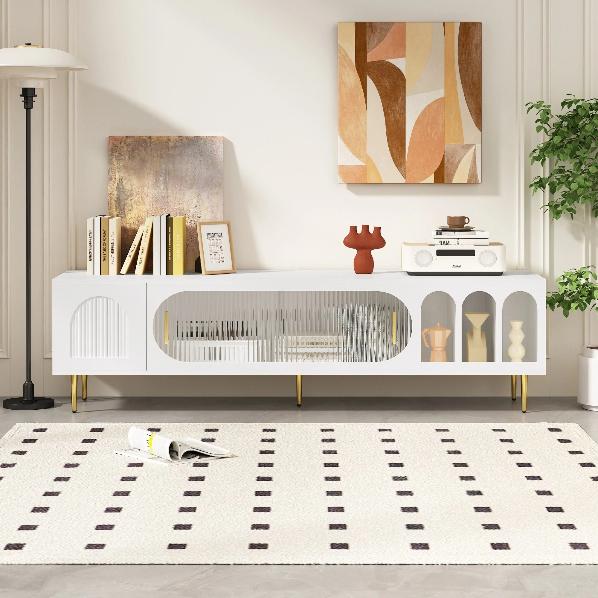 White 70.9 TV Stand with 3 Shelves & 2 Cabinets for TVs Up to 70