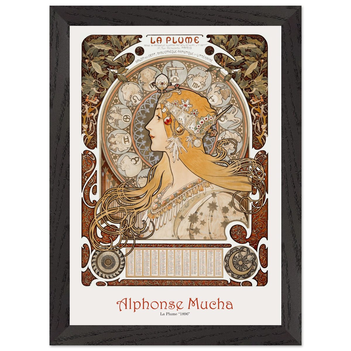 Artfulprints Poster met Lijst Alphonse Mucha - La plume  - A4 21x29.7 cm - Bruin