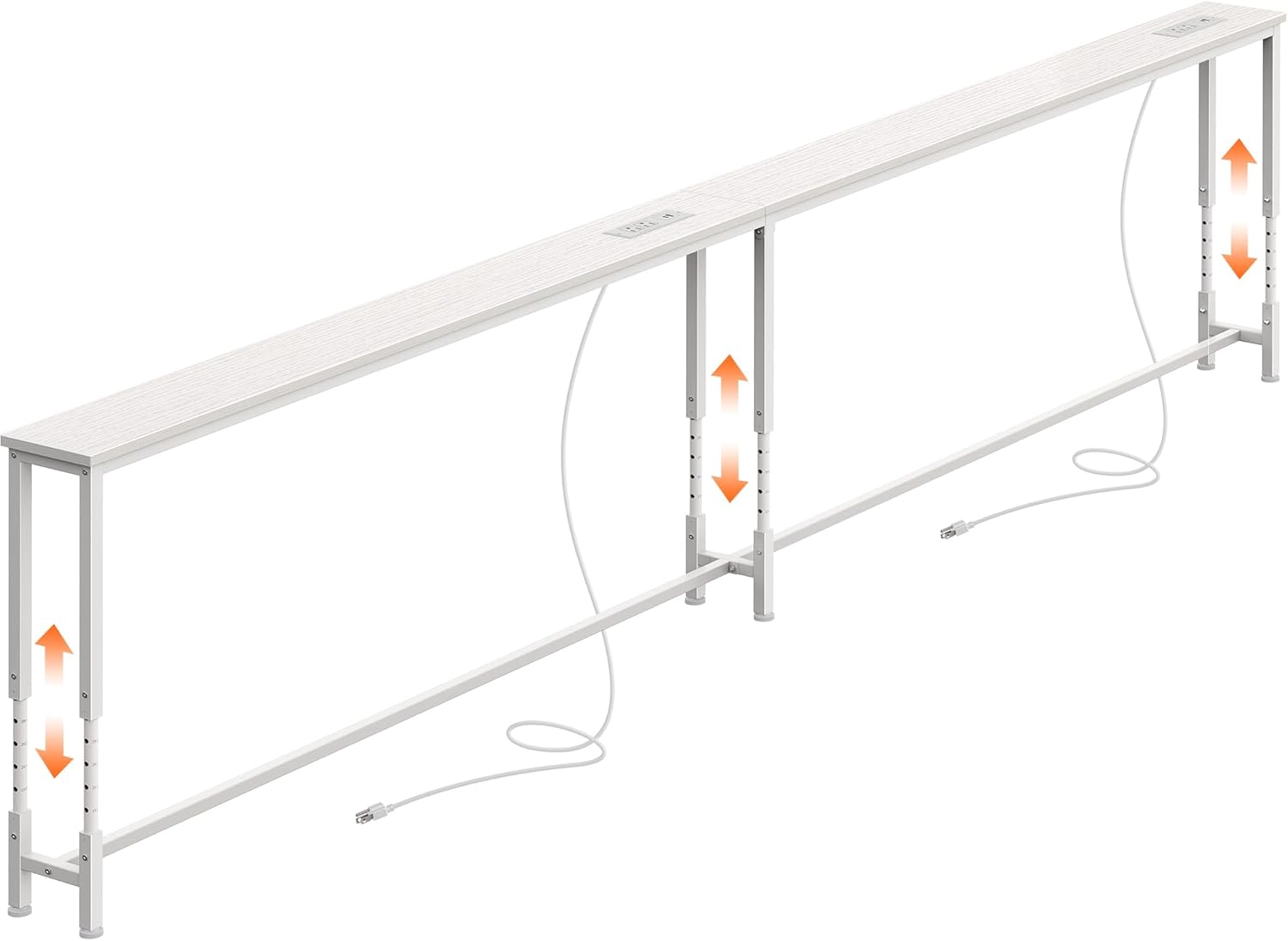 Huuger 110.2 Inch Sofa Table with Power Outlets, 23.9’’-34.4’’ Height Adjustable Range, Behind Couch Table with USB-C Ports, Sofa Tables Narrow Long, Skinny Console Table, for Small Spaces, White