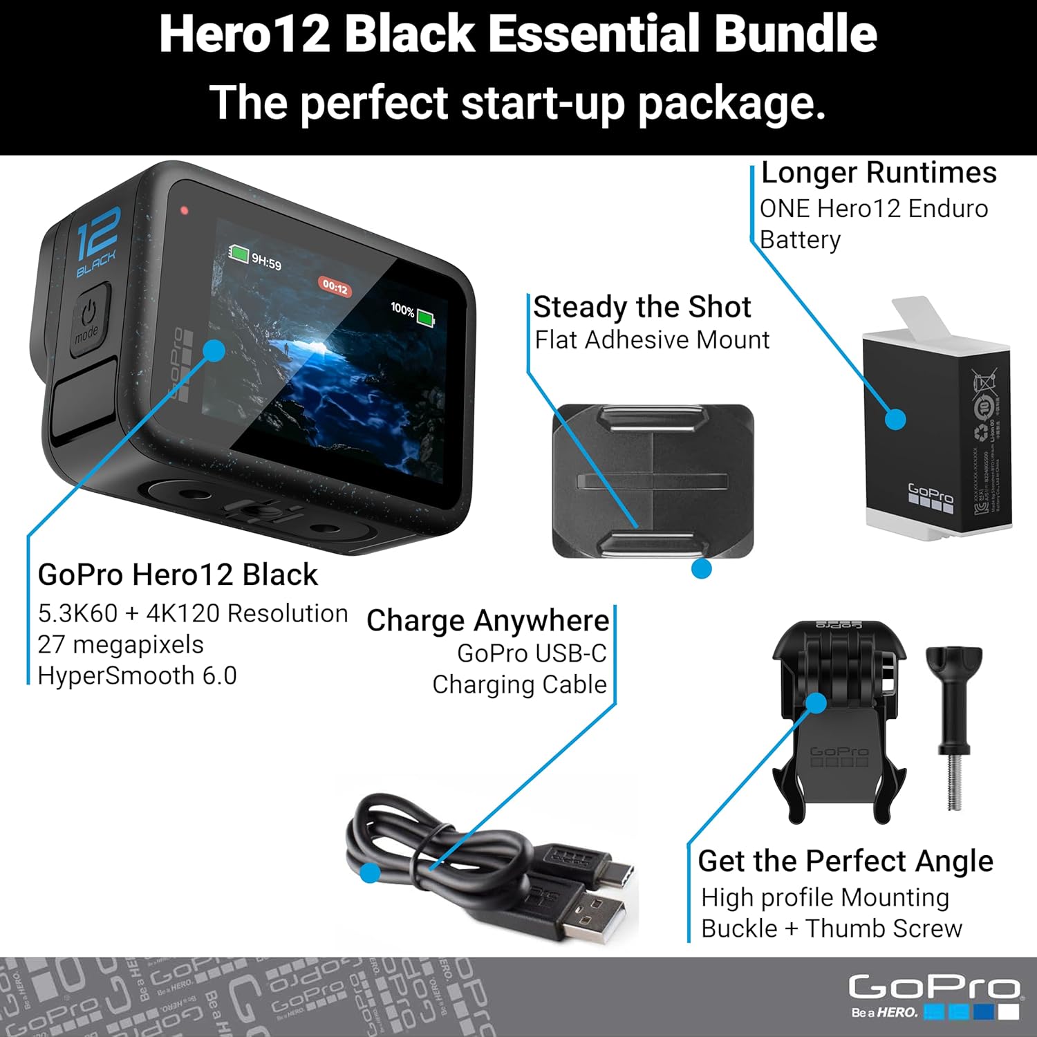 GoPro Hero12 Black E-Commerce Package - Waterproof Action Camera with 5.3K60 Ultra HD Video  27MP Photos  HDR  1/1.9 Image Sensor  Live Streaming  Webcam  Stabilization