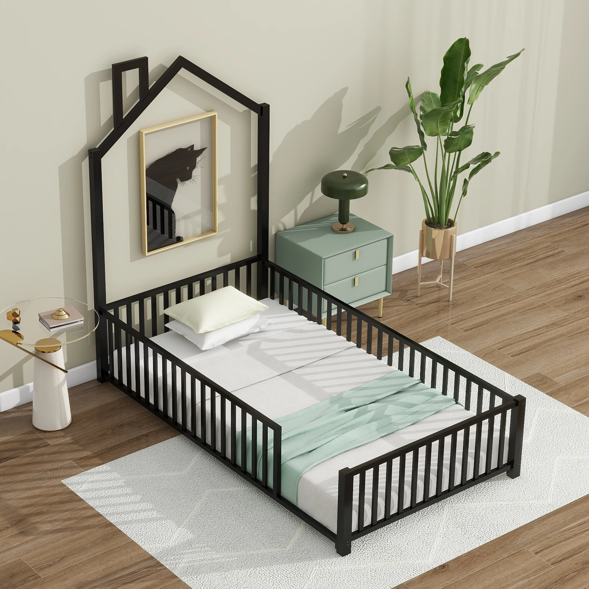 Twin Size Platform Bed with House-Shaped Headboard, Metal Floor Bed Frame with Guardrail and Chimney for Bedroom
