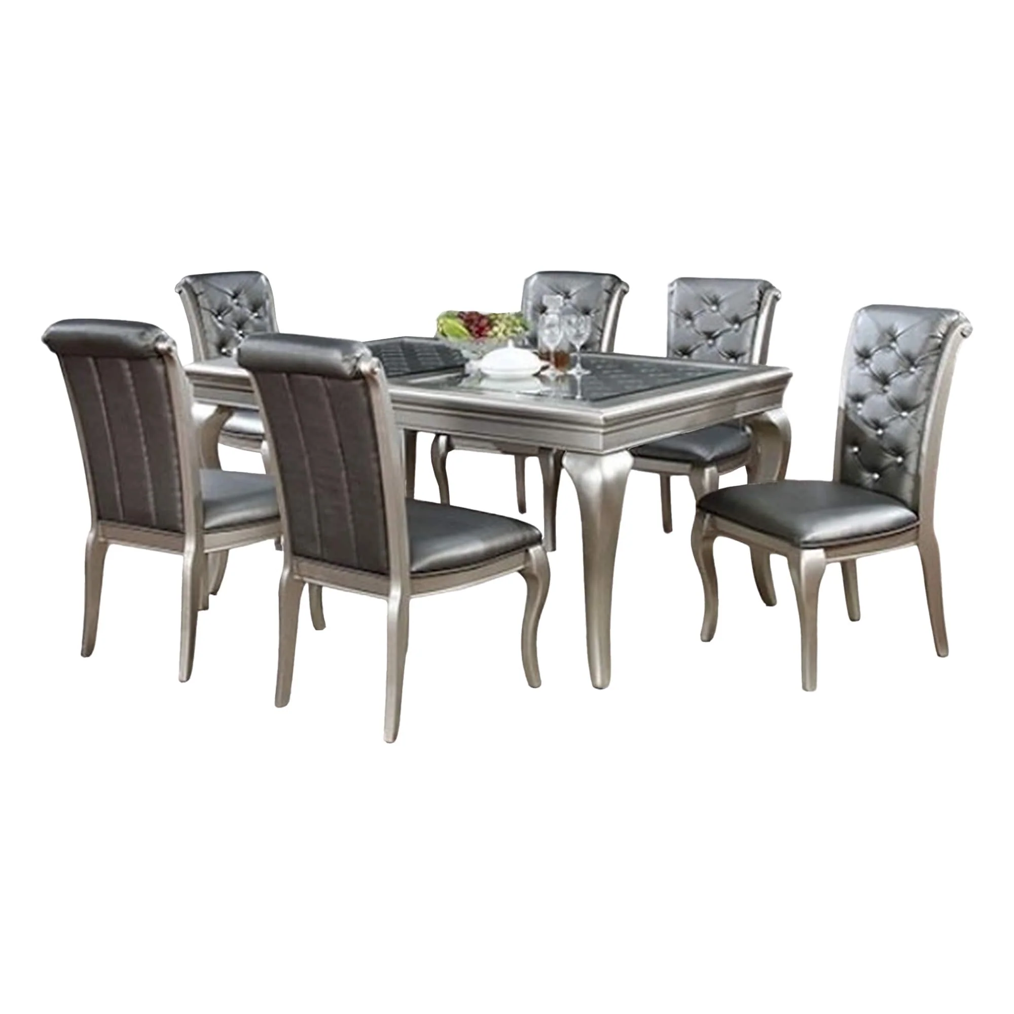 Nery 7pc Dining Table n Chair Set, 66 Inch Glass, Gray Faux Leather