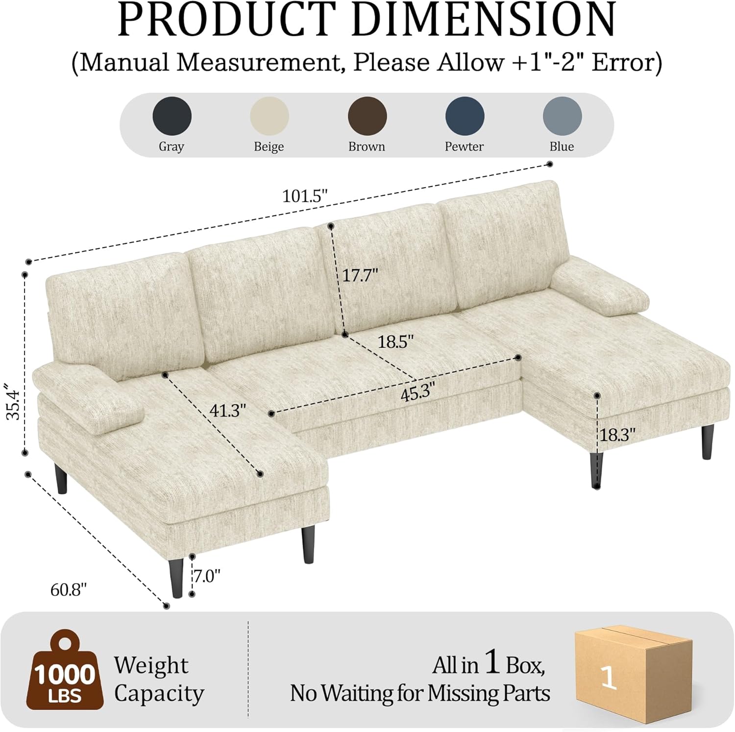 Korser U-Shaped Sectional Couches for Living Room, 101 Inch Modern Modular Sofa with Double Chaise Lounge, Comfy Chenille Fabric 4-Seat Couch Set for Apartment, Beige