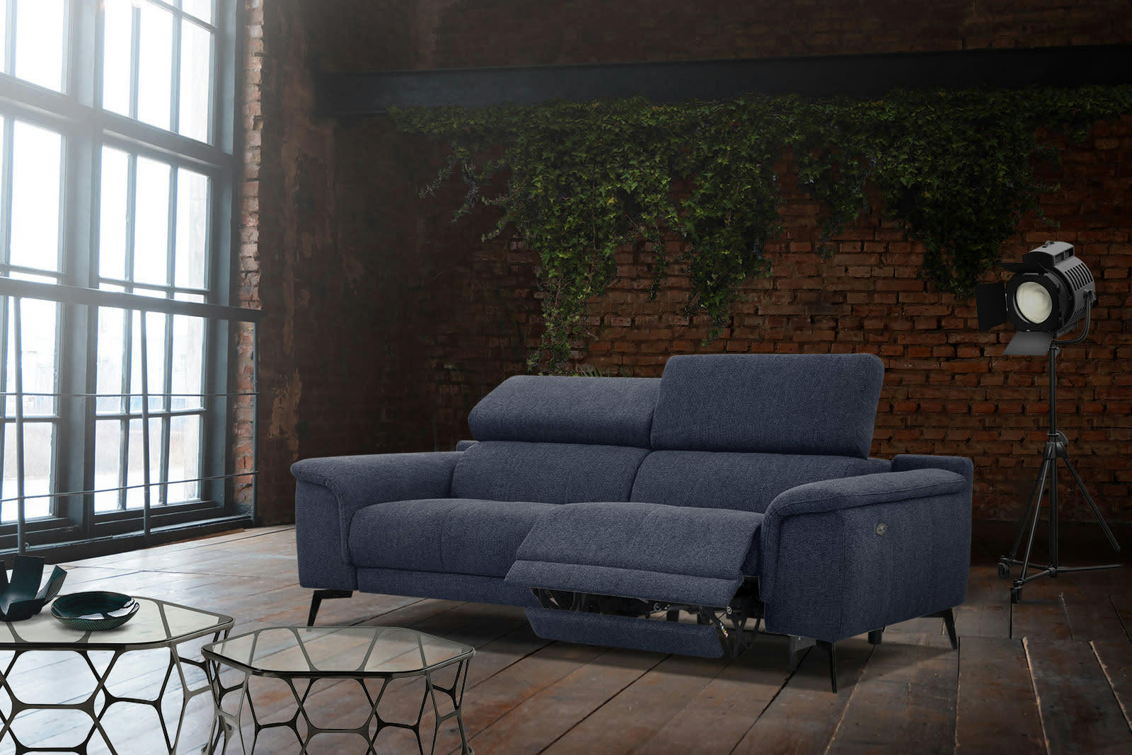 FIERO - Canapé 3 places XXL avec relax électrique côté droit tissu bleu foncé