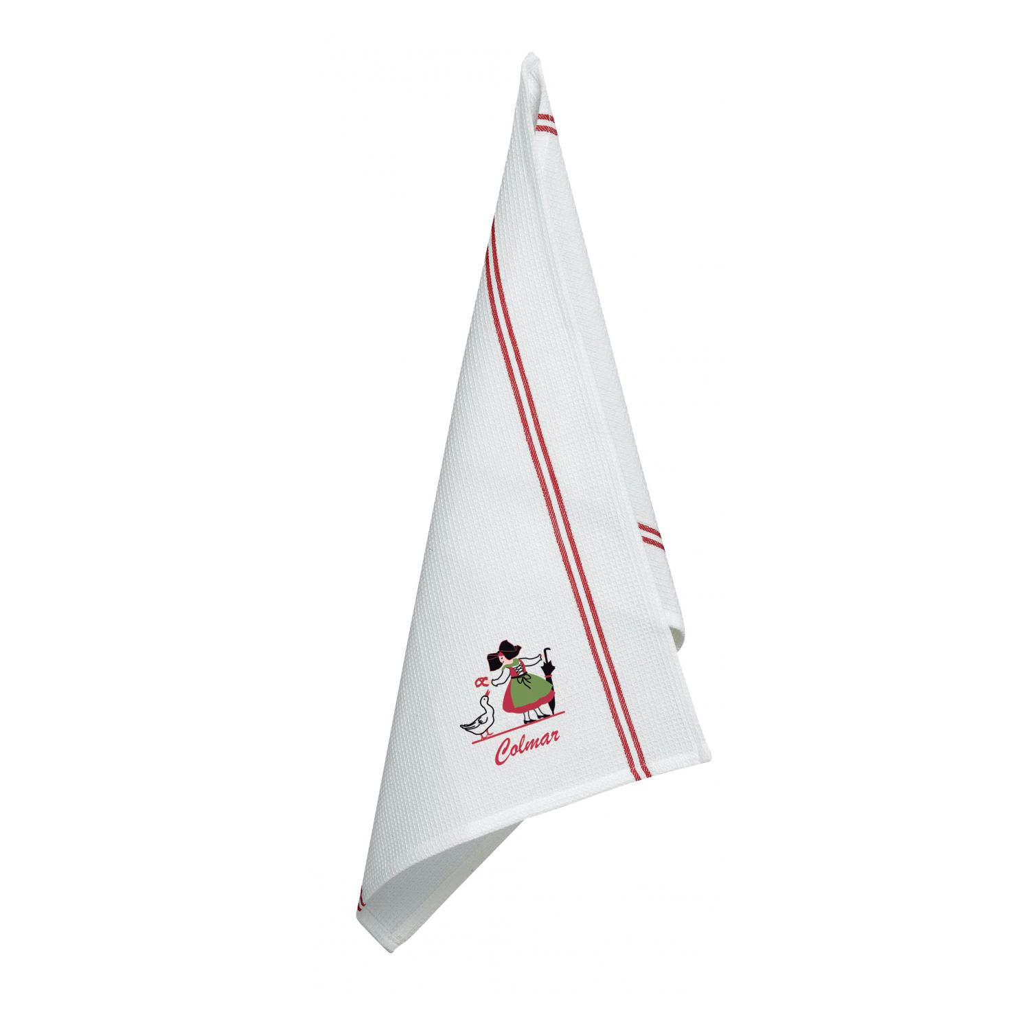 BRODERIE ALSACE - Torchon na brodé alsacienne oie colmar en coton blanc/rouge 50 x 70