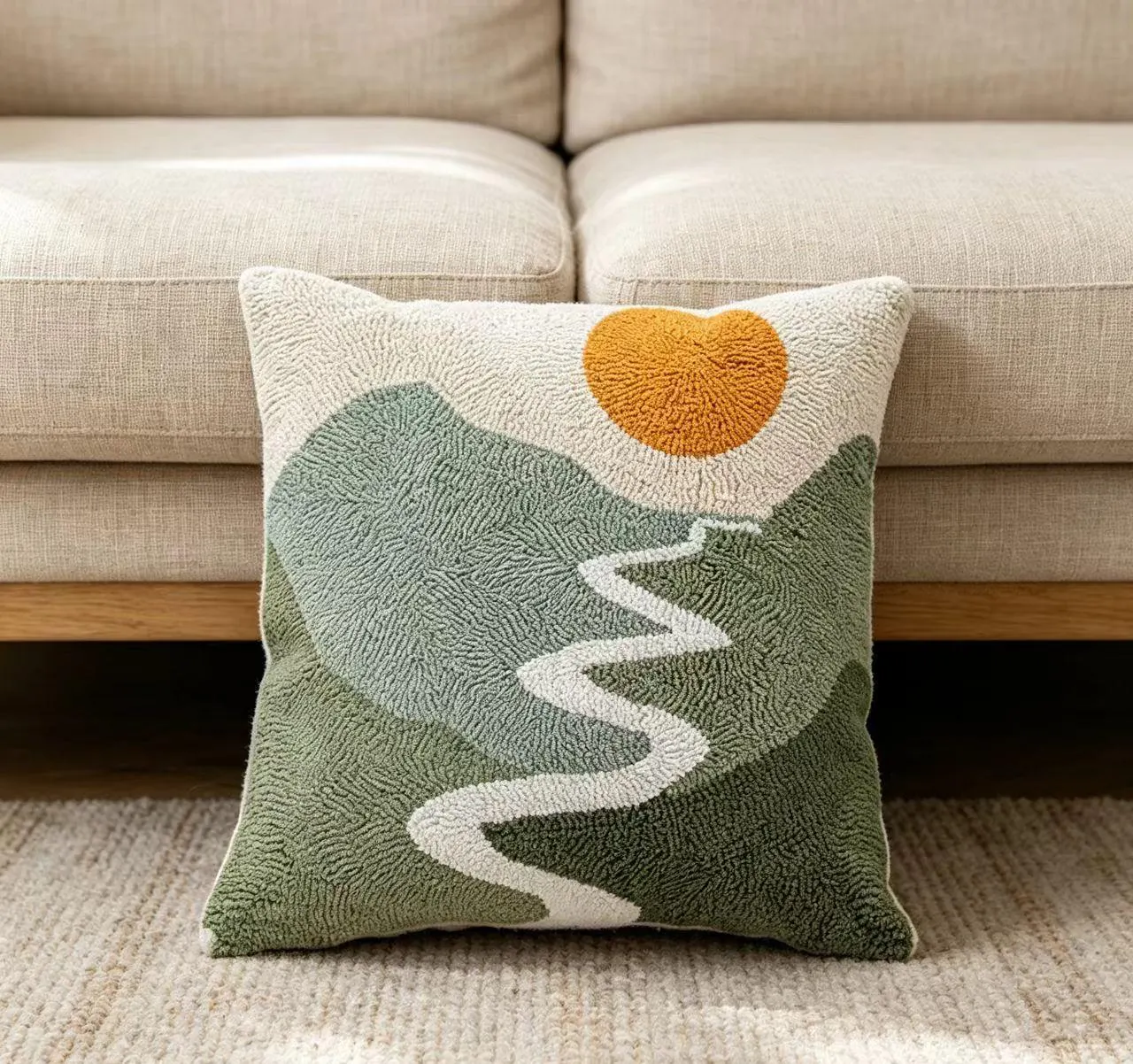Tufted Mountain Landscape Pillow Cover, Nature Inspired Cushion Cover, Sun and Hills Throw Pillow, Scenic Embroidered Pillow Case 18x18