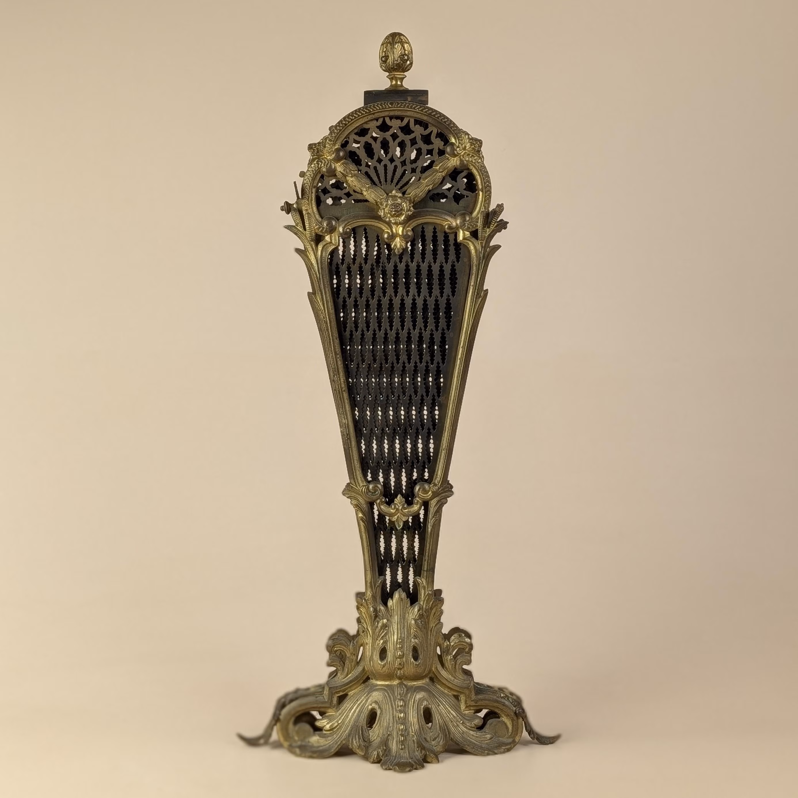Antique French Folding Brass Firescreen, Peacock Hearth Spark Guard, Verdigris Metal Decor