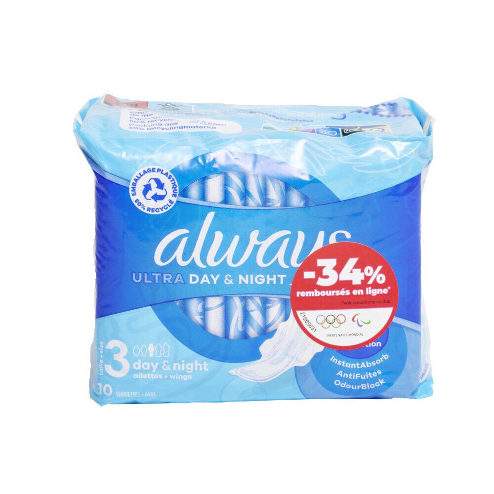 Serviette hygiénique x10 avec ailettes Always ultra jour et nuit