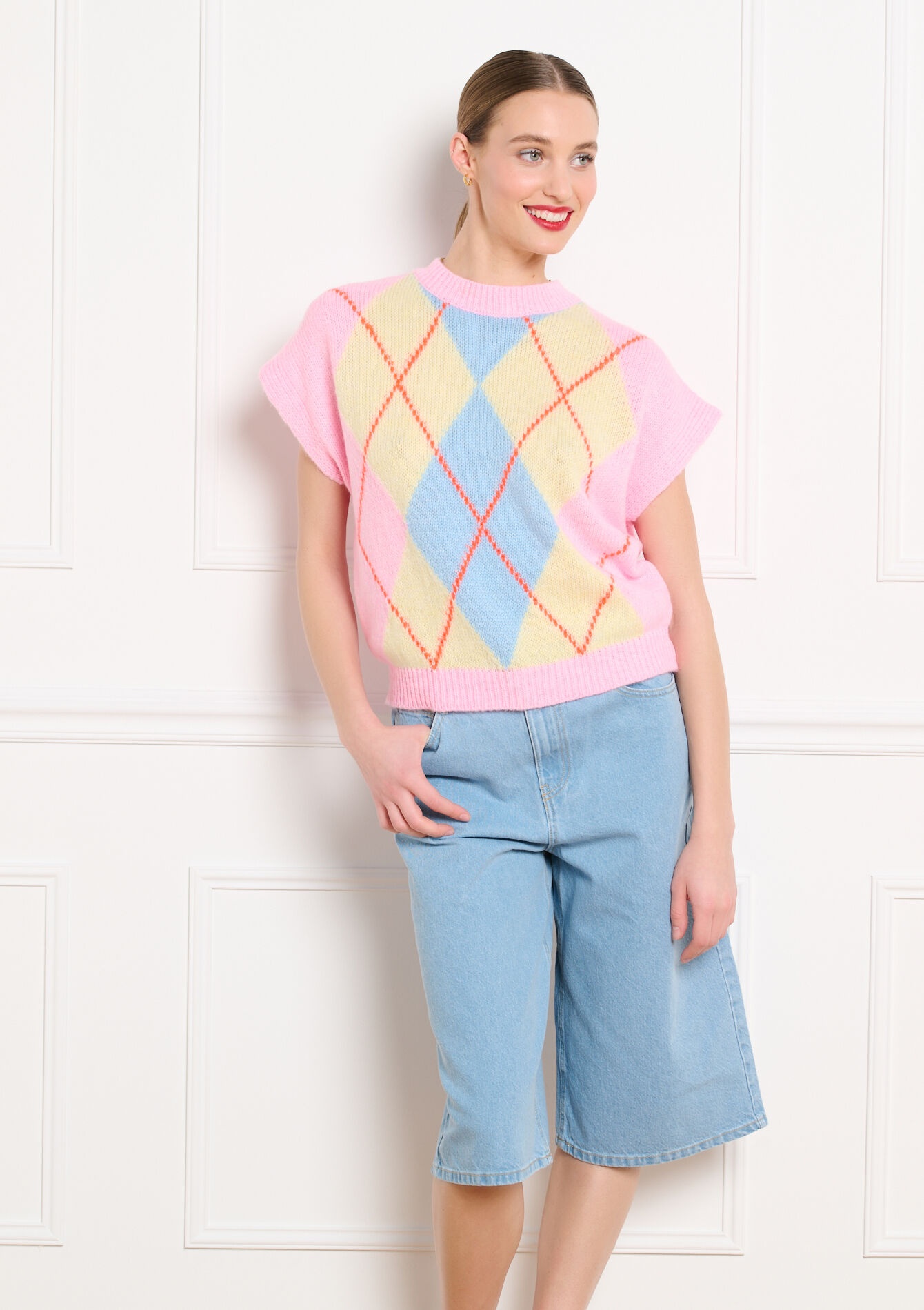 Korte mouwen trui met ruitmotief