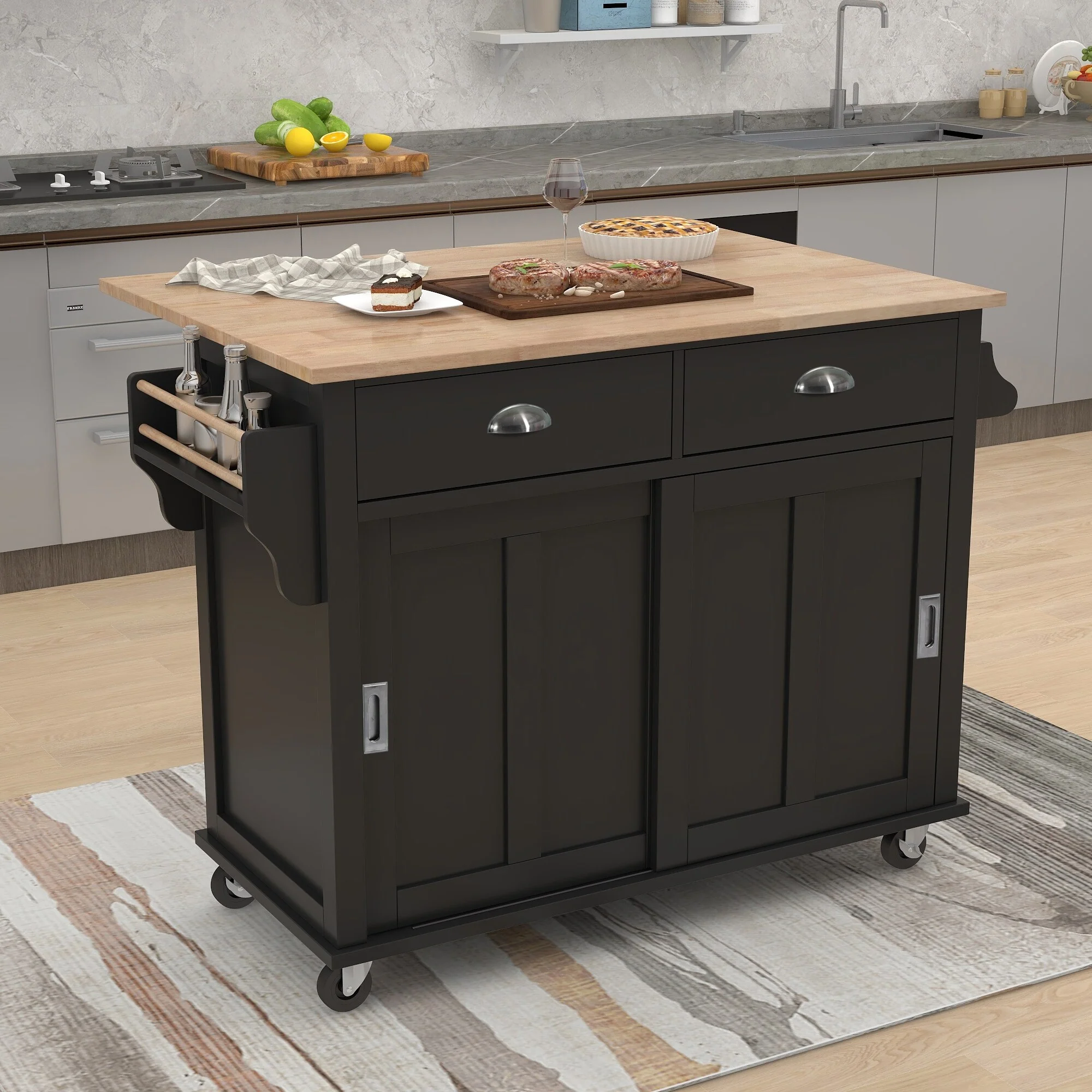 Rolling Kitchen Island with Drop Leaf Hidden Barn Door, 2 Drawers, Storage Cabinet, Towel and Spice Racks, Farmhouse