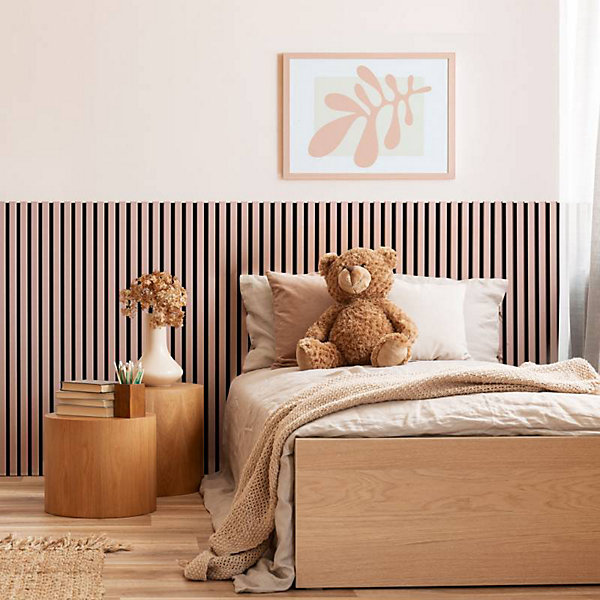 Panneau Mural acoustique tasseaux bois 120 x 30 x 1,9 cm - rose pastel / feutrine noir - 0,36m²