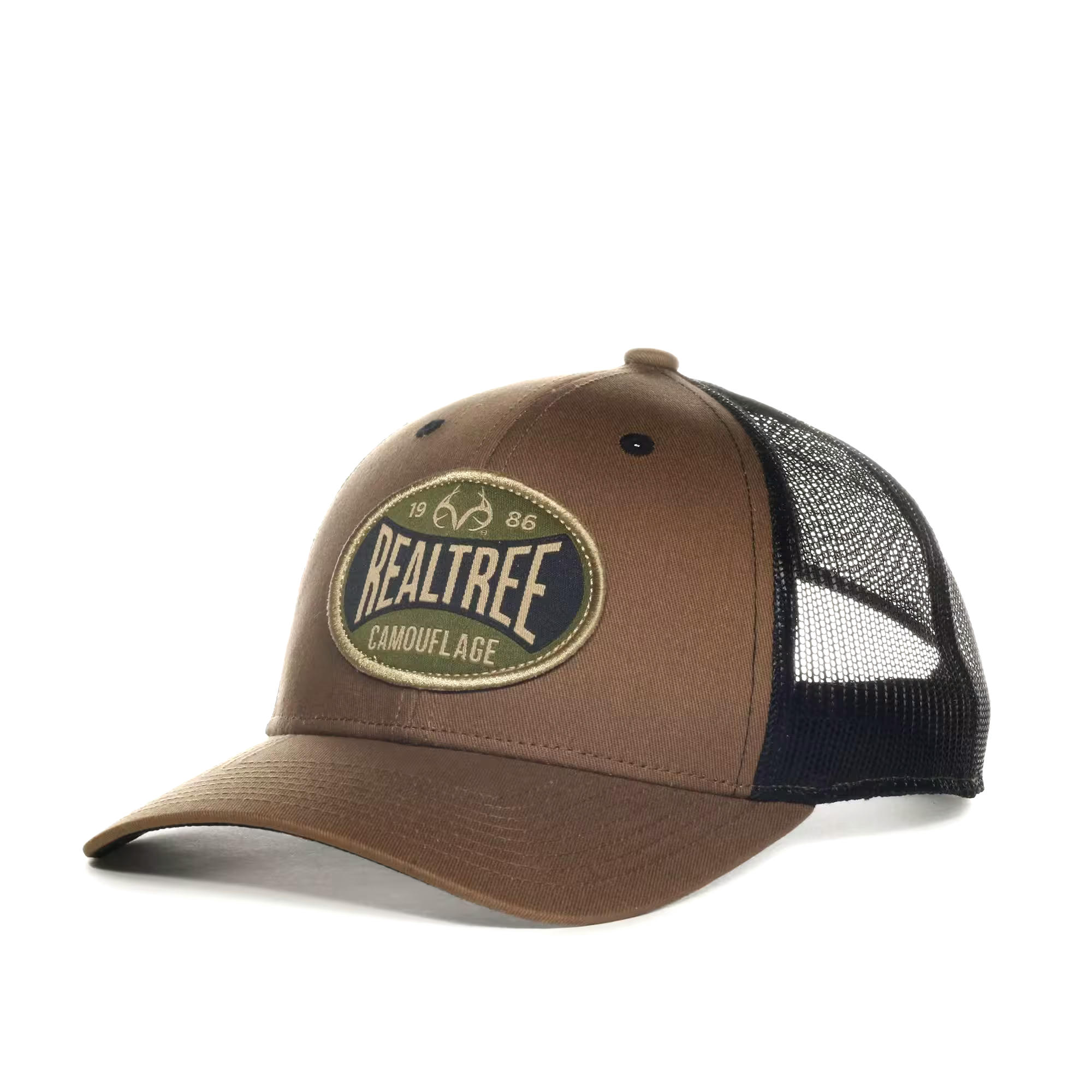 Realtree Logo Brown Woven Patch Hunting Mesh Back Baseball Cap with Adjustable Closure, Cotton, One Size